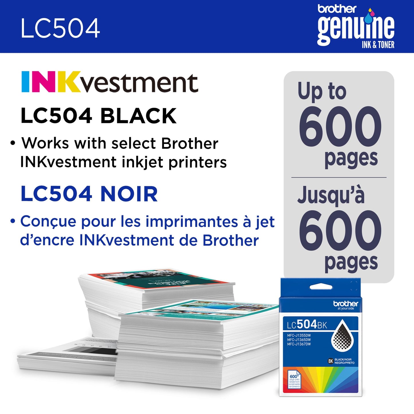 Brother Genuine LC504BK Standard Yield Black Ink Cartridge (for use INKvestment MFC-J1365DW Printers)