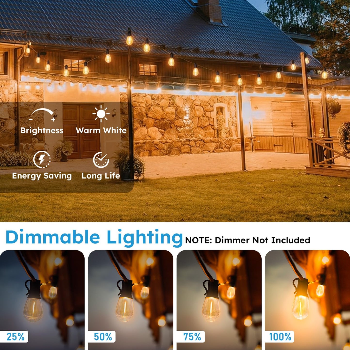 GvvooHome S11 LED Outdoor String Lights 100FT, Shatterproof & Waterproof Patio Lights with 32 Plastic Bulbs for Porch, Deck, Garden, Backyard