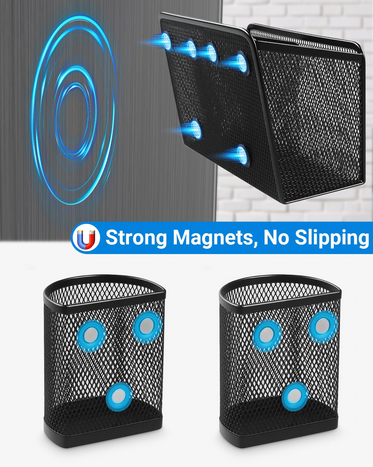 Magnetic Pen Holder, Metal Strong Magnet Pen Cup Magnetic Marker Storage Basket Locker Organizer for Whiteboard Refrigerator Fridge Locker Accessories