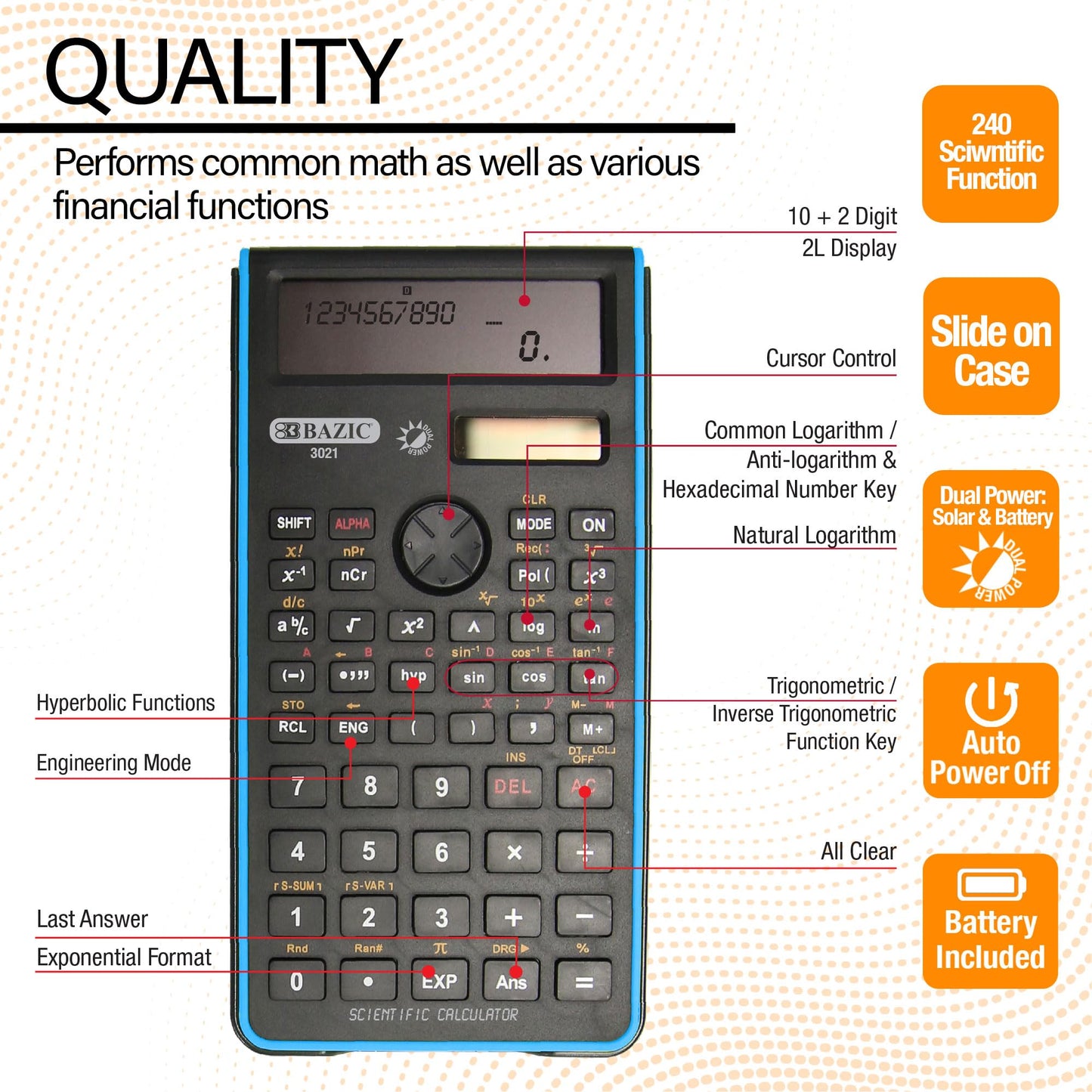 BAZIC Scientific Calculator 240 Function, Dual Hybrid Battery and Solar, Slide-On Case, Engineering Calculators LCD Display, for Professional, 1 Unit