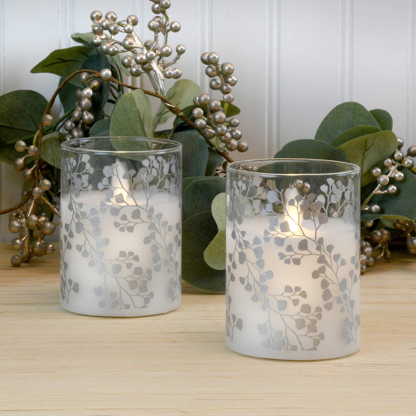 LumaBase Battery Operated LED Glass Candles with Flickering Flame, Silver Fern - Set of 2