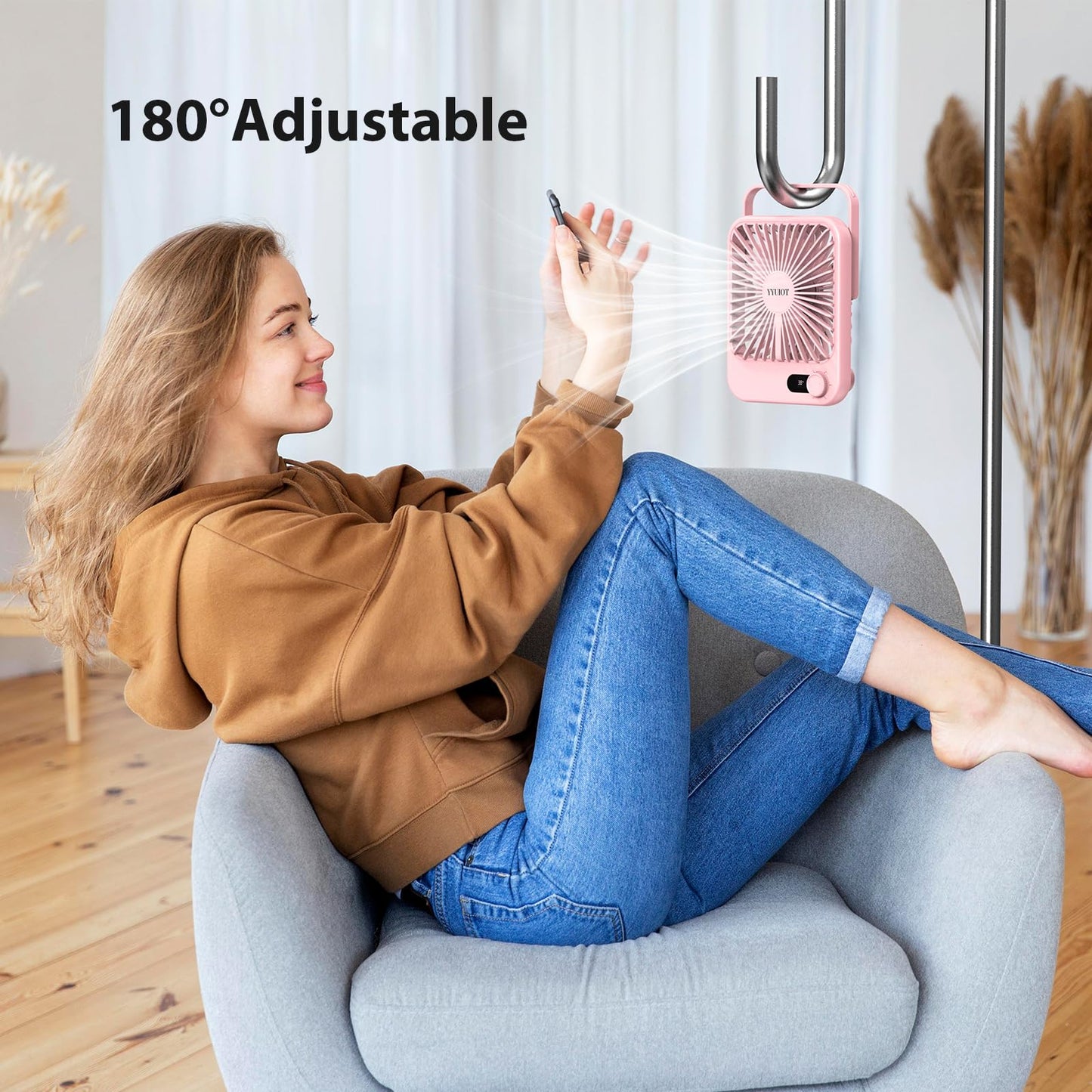 YYUIOT Desk Fan Battery Operated, USB Rechargeable Fan, 2400 mAh 180° Quiet Personal Fan With Power Display, 100 Speeds Adjustable Table Fan