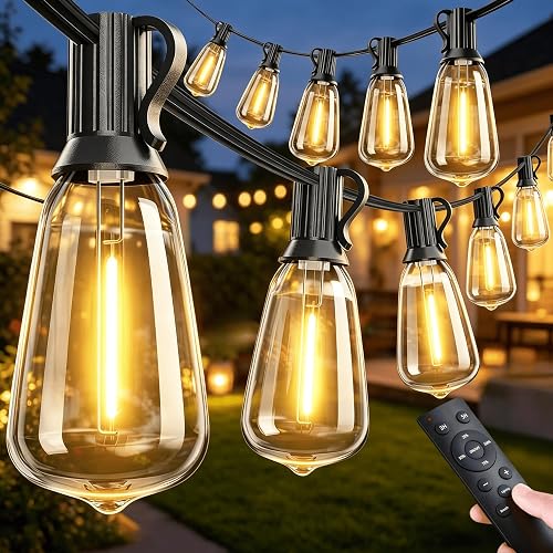VOZUJI Outdoor Patio String Lights: 100Ft 30M Outside Waterproof Light - Remote Dimmable ST38 Shatterproof Bulb Connectable Hanging Outdoor Electric