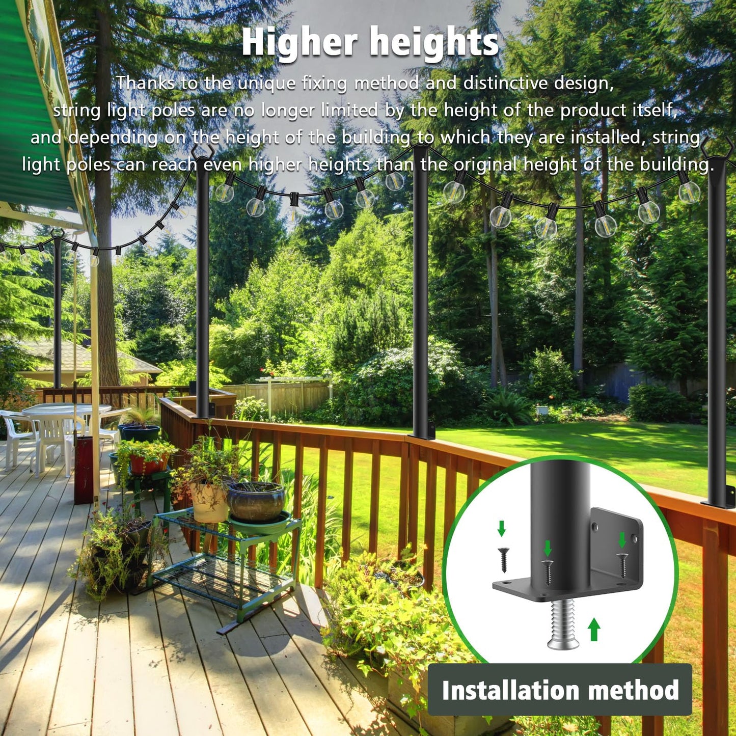 NUERPO 4 Pack String Light Poles,5Ft Metal Poles for Outdoor String Lights,Outdoor Light Poles with Post,Poles/Stand