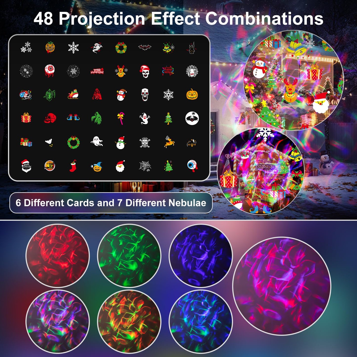 Christmas Projector Lights Outdoor No Need to Change Cards, 26 Effects Holiday Christmas Projector Light Outdoor 2 in 1 with Remote, Christmas
