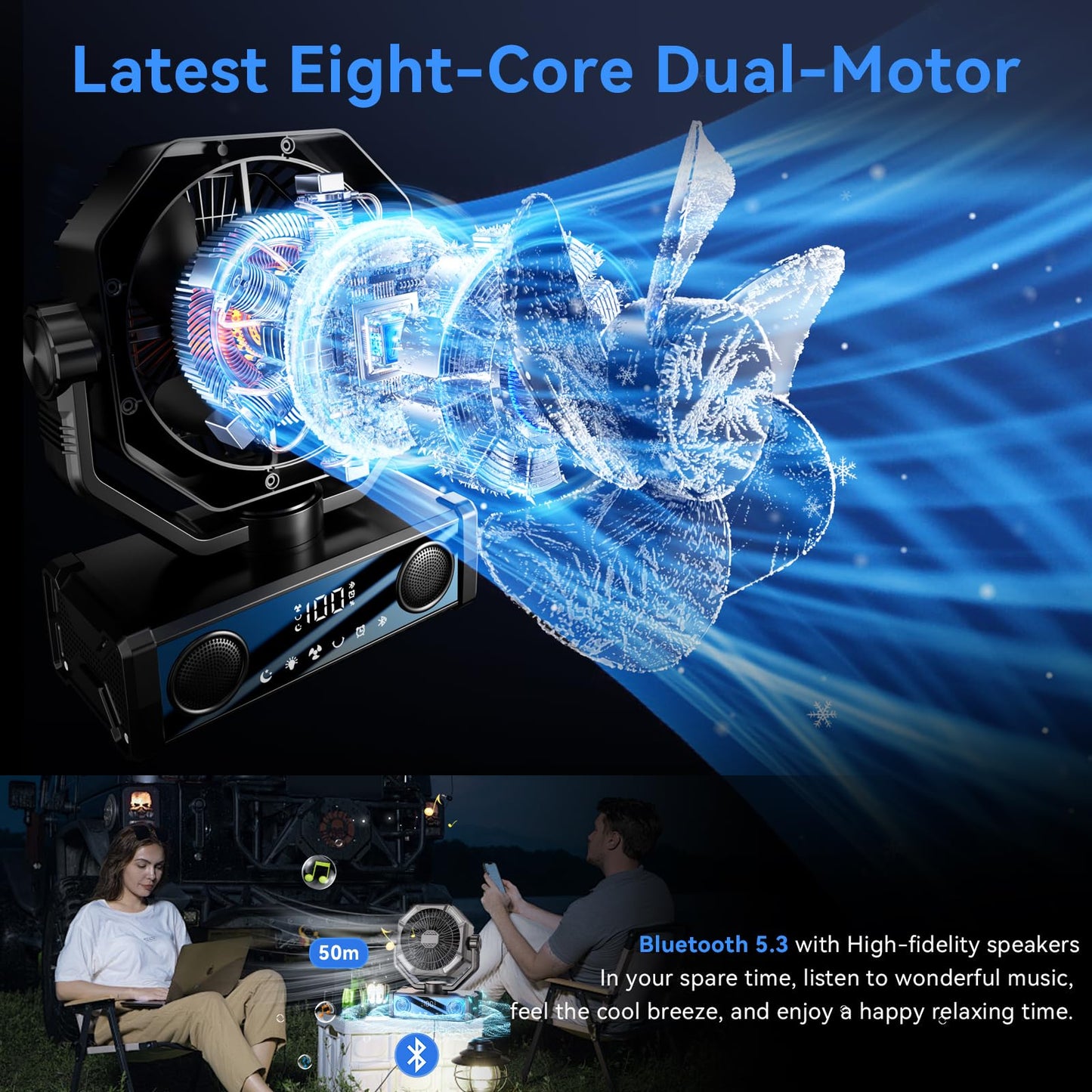 Portable fan rechargeable with 5.3 Bluetooth Speaker, 25000mAh Camping Fan with 5 Speed Touch Control & 3-Mode LED Light, Remote, USB/Type-C Ports