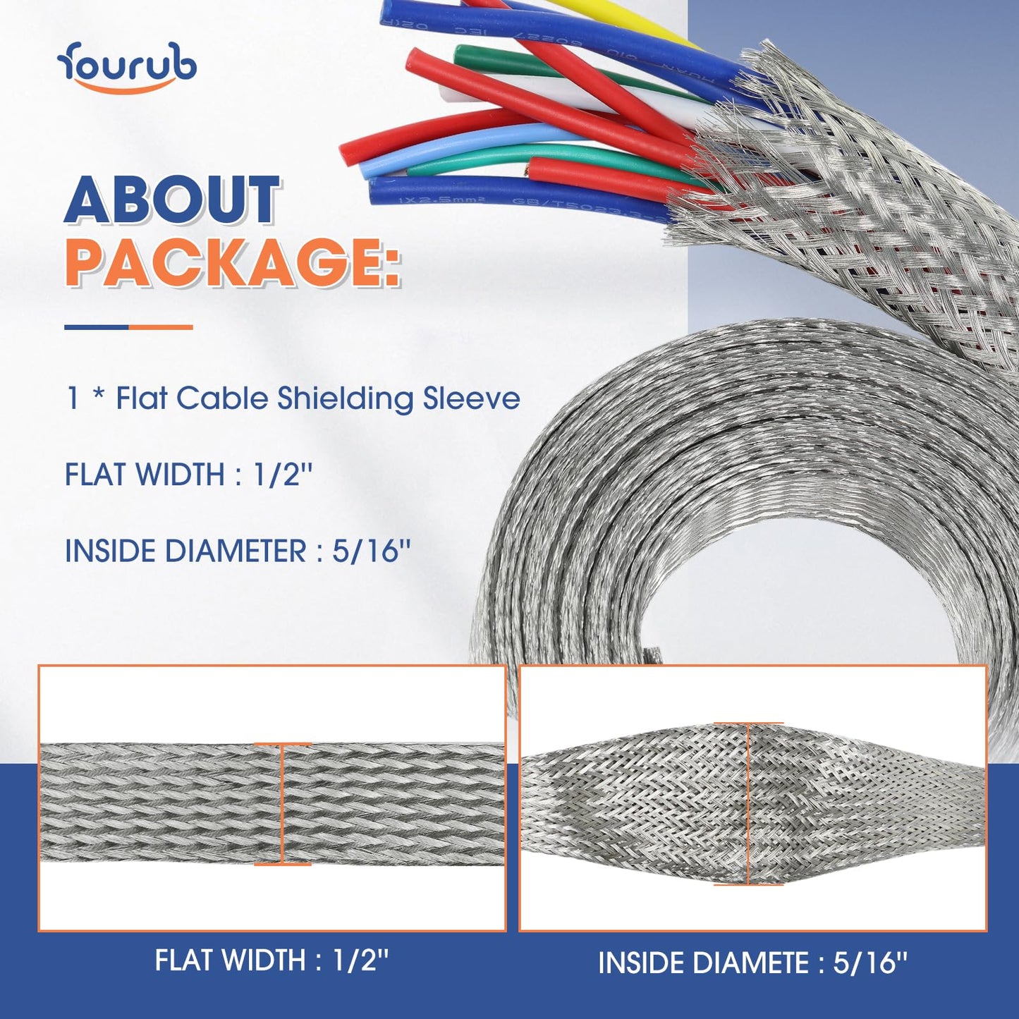 FOURUB Cable Shielding Sleeve Tinned Copper Braided Sleeving Flexible Expandable Metal Ground Straps Wire Harness Protector (1/2"-18ft, Silver)