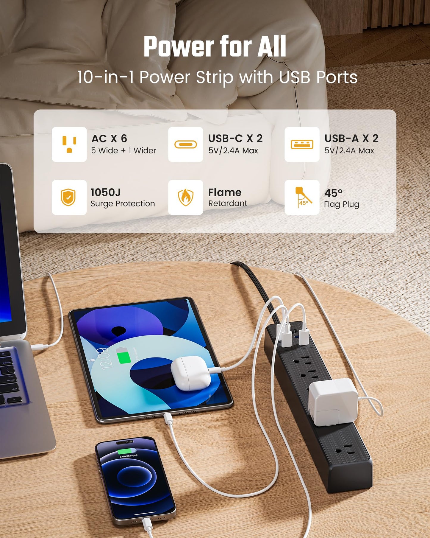 Power Strip, SUPERDANNY 6-Outlet Surge Protector, 4 USB Ports, 4.5 Ft Extension Cord, 900 Joules, Mountable, Overload Switch, Protected Indicator