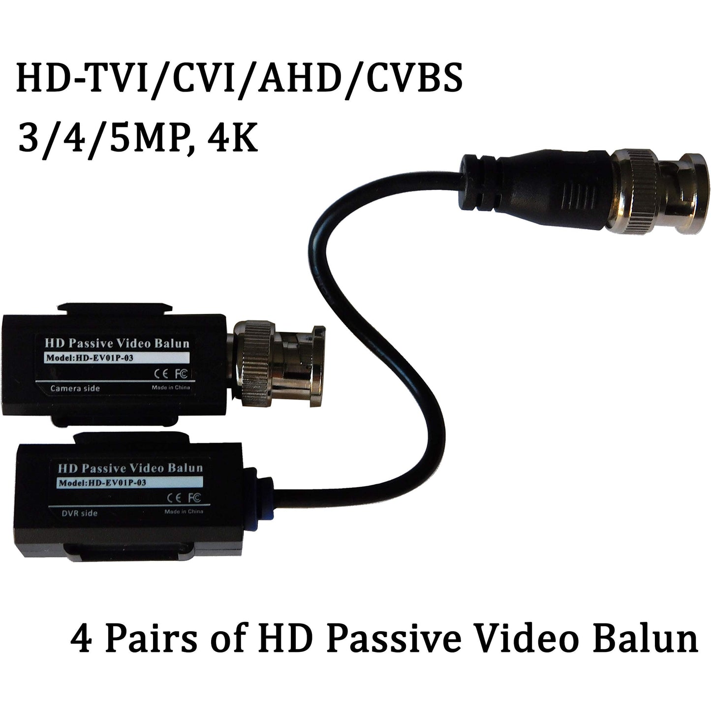 4 Pairs of eSecure HD-EV01P-03 HD Passive Video Balun Network Transceiver, HDTVI HDCVI AHD CVBS 3MP 4MP 5MP 4K Camera DVR CCTV System, BNC to UTP CAT