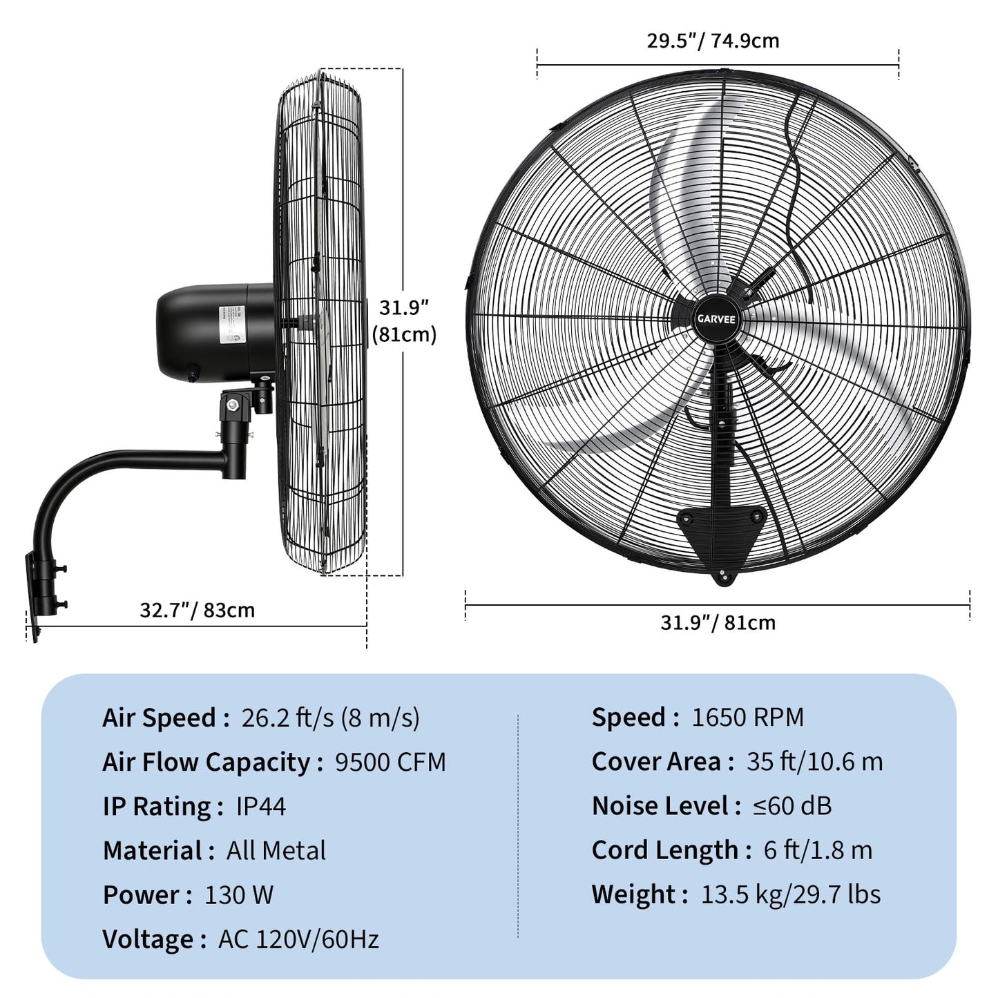 Garvee 30 Inch Wall-Mount Misting Fan, 3 Speed High Velocity 9500 CFM Industrial Wall Fan with Controller, IP44 Waterproof Oscillating Wall Fan
