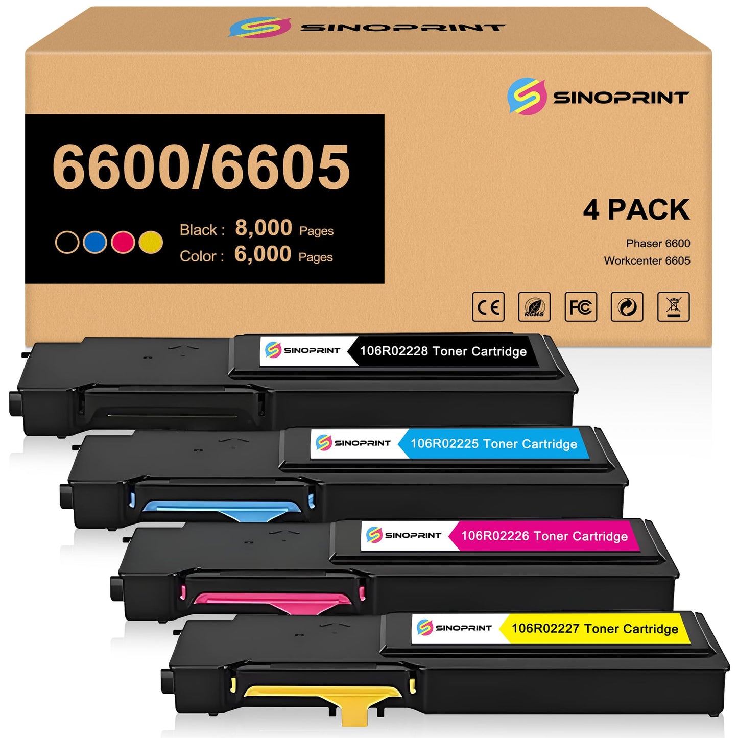 SINOPRINT 6600 6605 Toner Cartridge High Capacity use for 106R02225 106R02226 106R02227 106R02228 Toner Replacement for Xerox Phaser 6600 WorkCentre