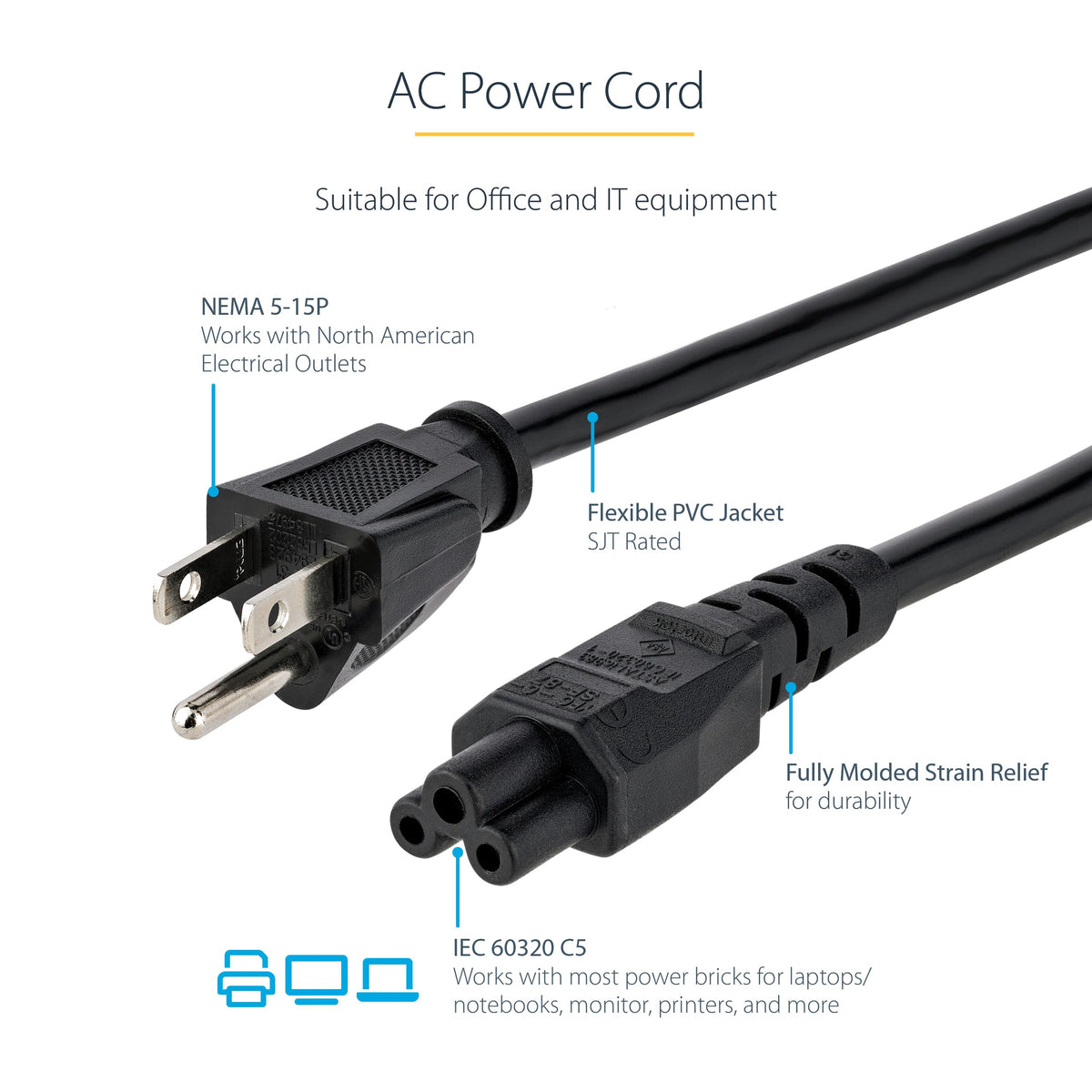 StarTech 10ft Laptop Power Cord, 10A 125V, 18AWG (PXT101NB3S10)
