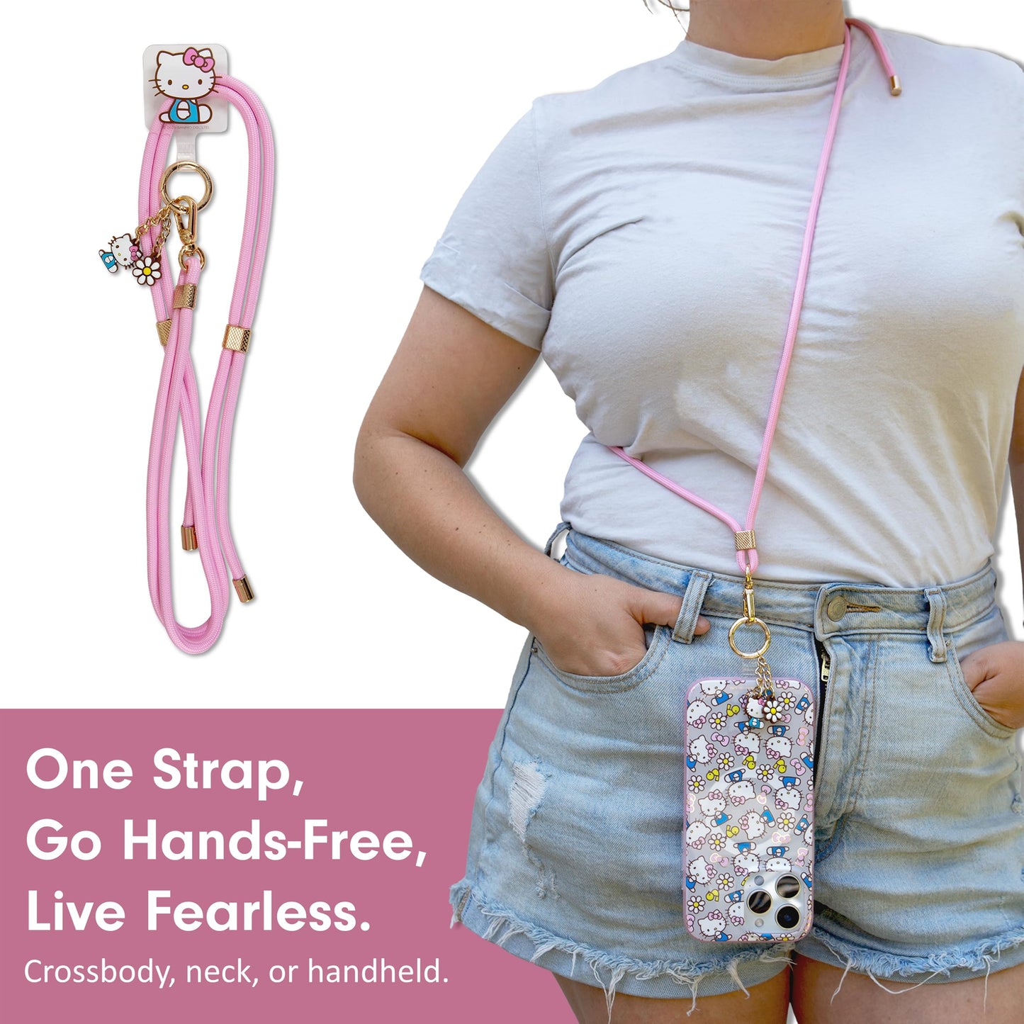 Sonix x Sanrio | Crossbody Phone Strap with Charms | Adjustable, Universal Cell Phone Rope Strap Lanyard | Pink Cord | Hello Kitty Pink Bows