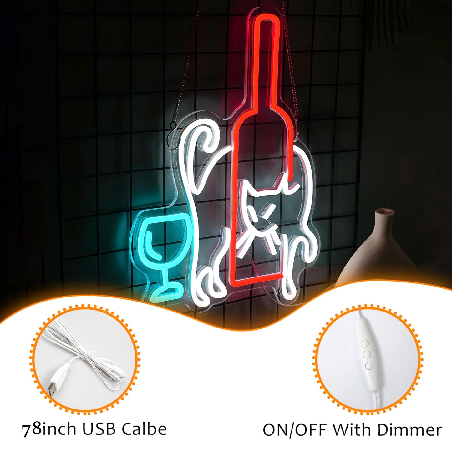 LISIGNVE Cat Beer Neon Sign LED Wine Glass Light up Sign for Bar Wall Decor USB Dimmable Cat Neon Light Cocktail neon Light sign for Living Room Home