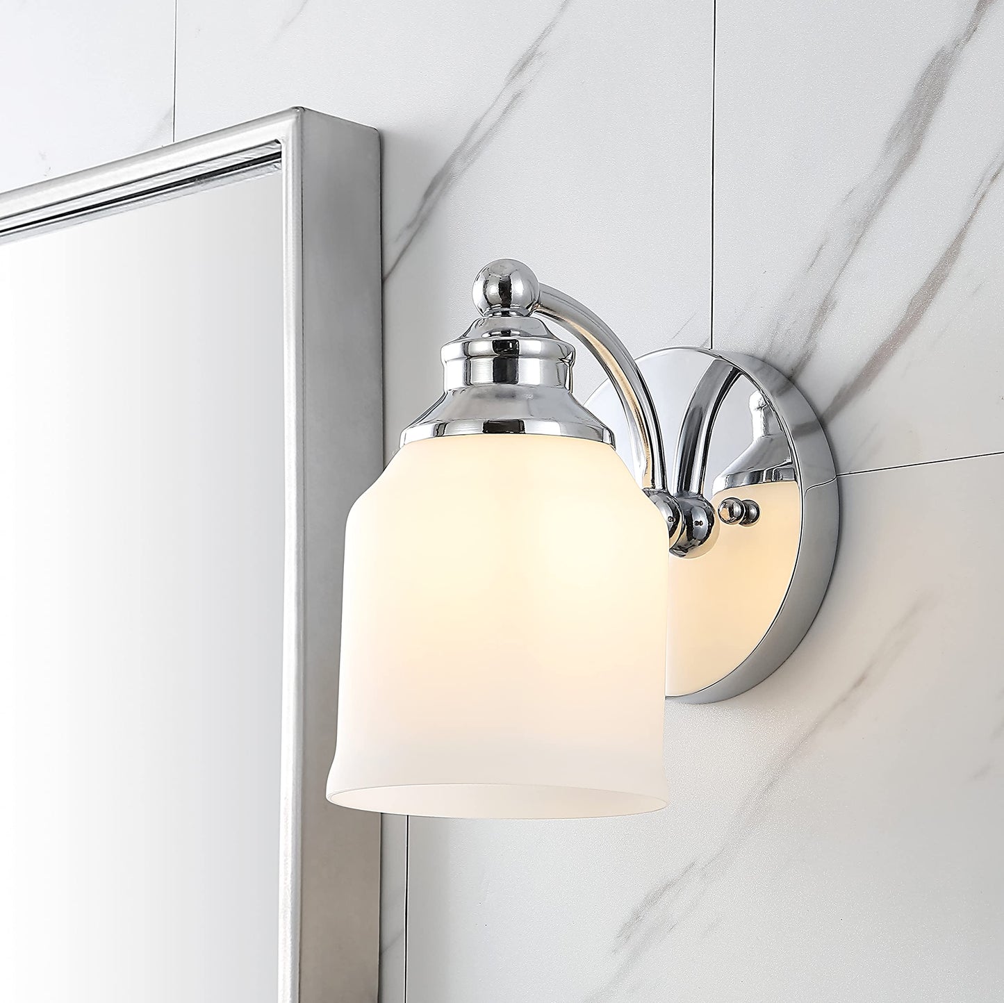 JONATHAN Y 7.5" Chrome Modern Farmhouse LED Vanity Light Wall Sconce Fixture, Frosted White Glass Shade, Dimmable Wall Lamp for Bathroom Mirror