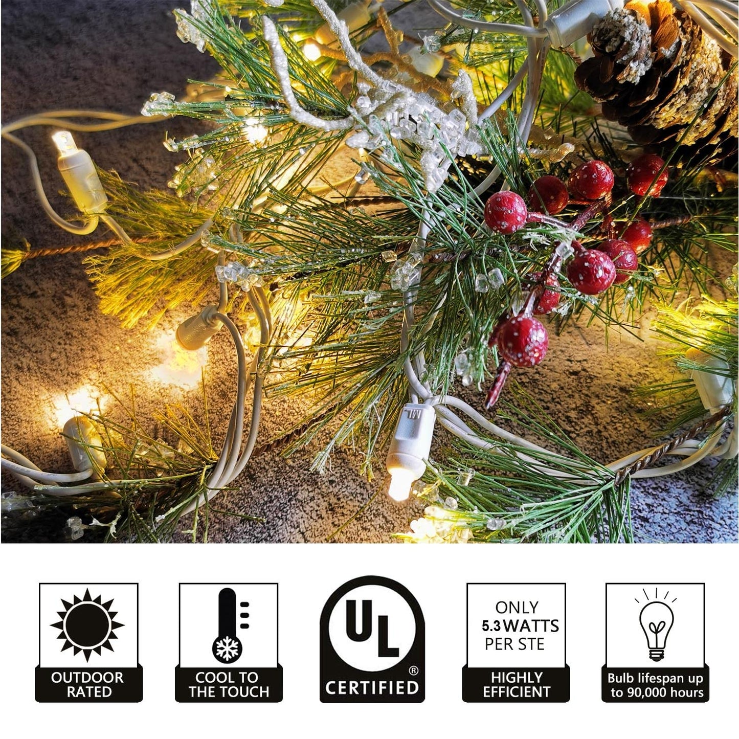 Yirunfa Christmas Lights 50 LED 17FT Commercial Mini LED String Lights, 120V UL, White Wire Xmas Lights for Indoor & Outdoor Use, Holiday Party