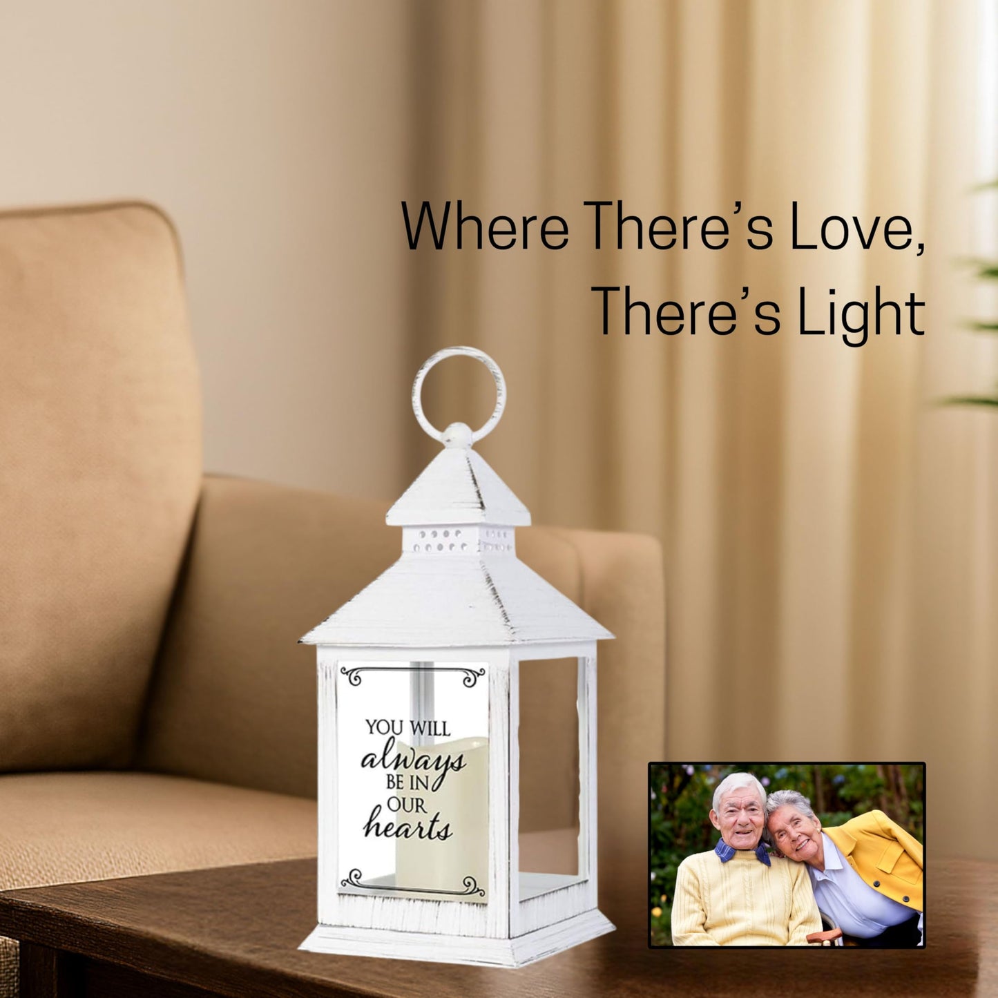 Distressed White Memorial Lantern with Flameless Candle (Always in Our Hearts)