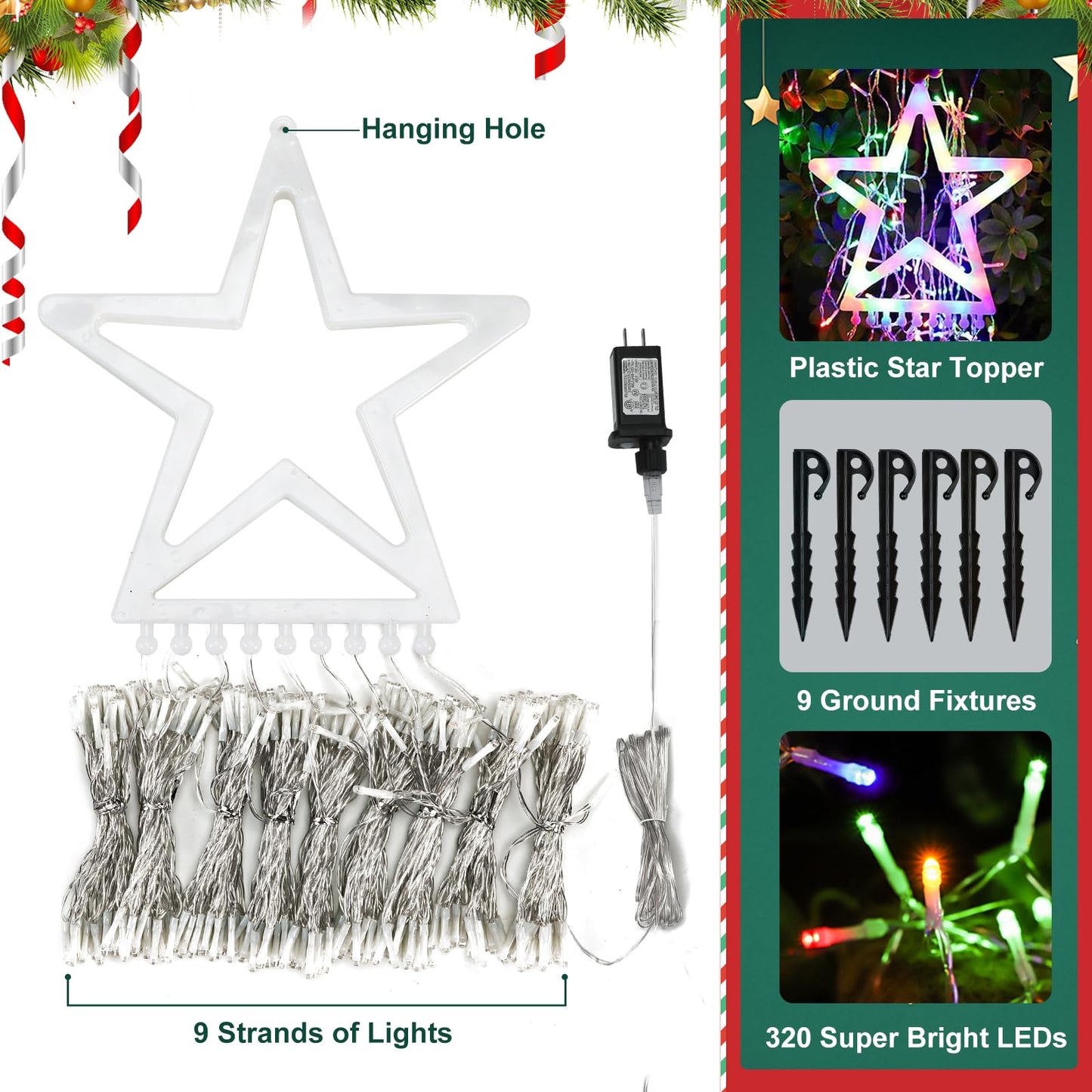 FUNIAO (New) Christmas Lights, Outdoor Christmas Decorations, 320 LED Waterfall String Lights, 8 Light Modes Chrsitmas Lights with 12" Star Tree