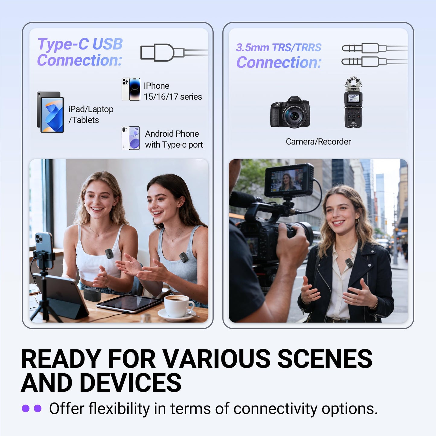 FIFINE Wireless Lavalier Microphone for iPhone/Android/Camera, 2 Pack Cordless Lapel Mic System for Vlog Recording Video YouTube/TikTok Interview