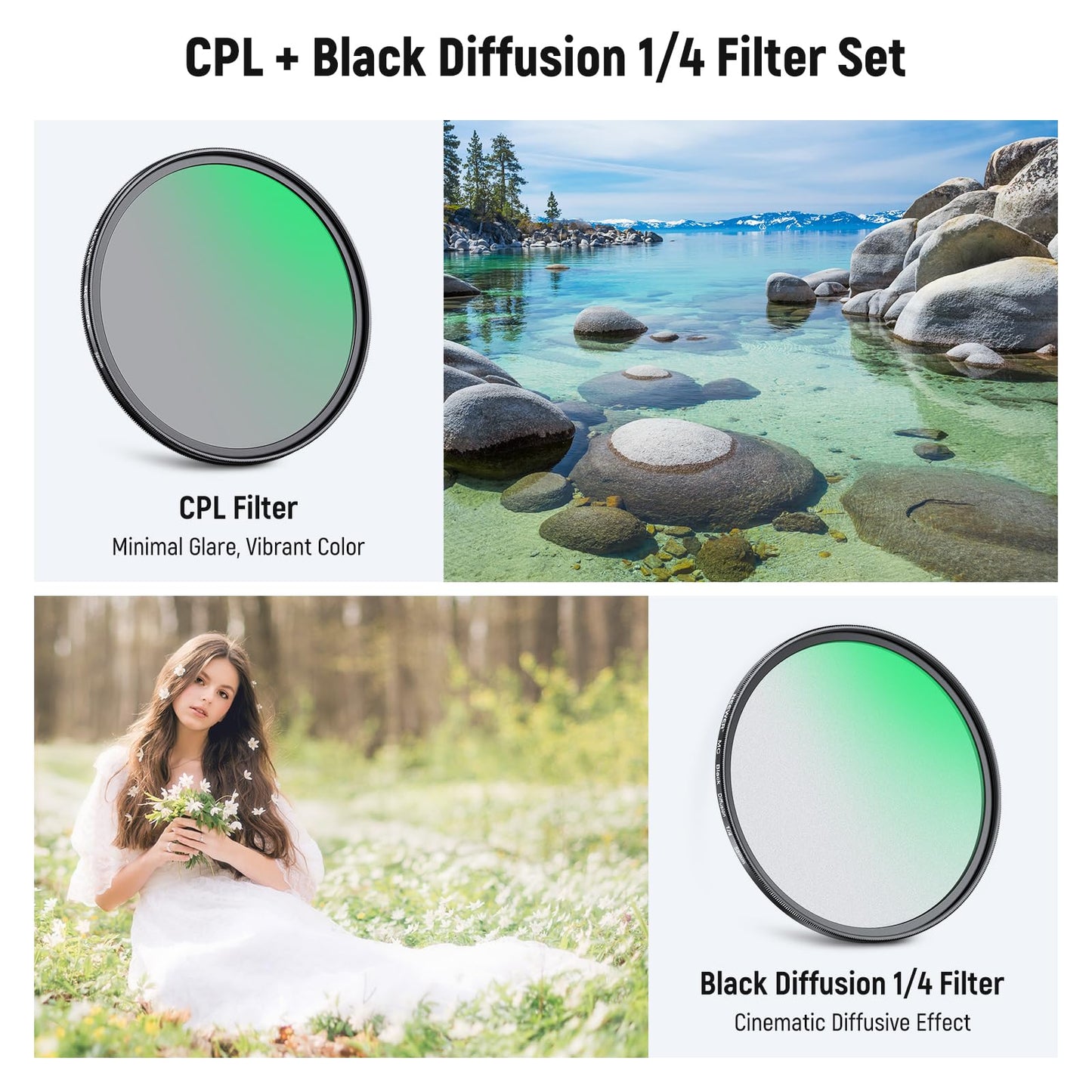 NEEWER 58mm CPL + Black Diffusion 1/4 Filter Set (2 Pack), Multicoated Optical Glass Circular Polarizing & Dreamy Soft Cinematic Effect Filter