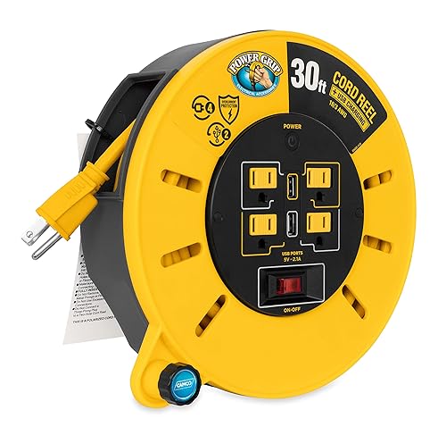 Camco 30-Ft 10 Amp RV Extension Cord Reel - Rated for 125V / 1,250W - Features 4 125V Electrical Outlets & 2 USB Ports - Includes On/Off Switch &