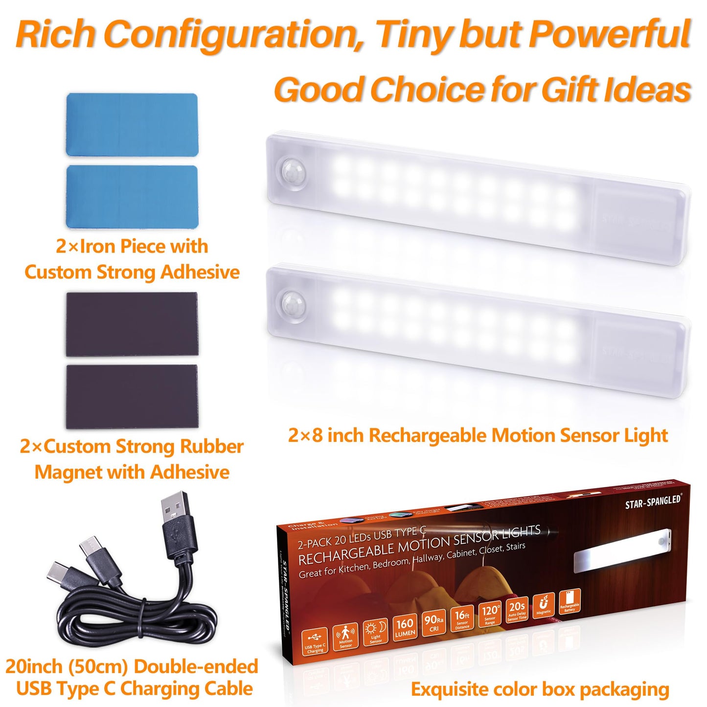 STAR-SPANGLED Under Cabinet Lighting Rechargeable, 8 inch Motion Sensor Lights Indoor Battery Operated, USB Stick on LED Magnetic Closet Light