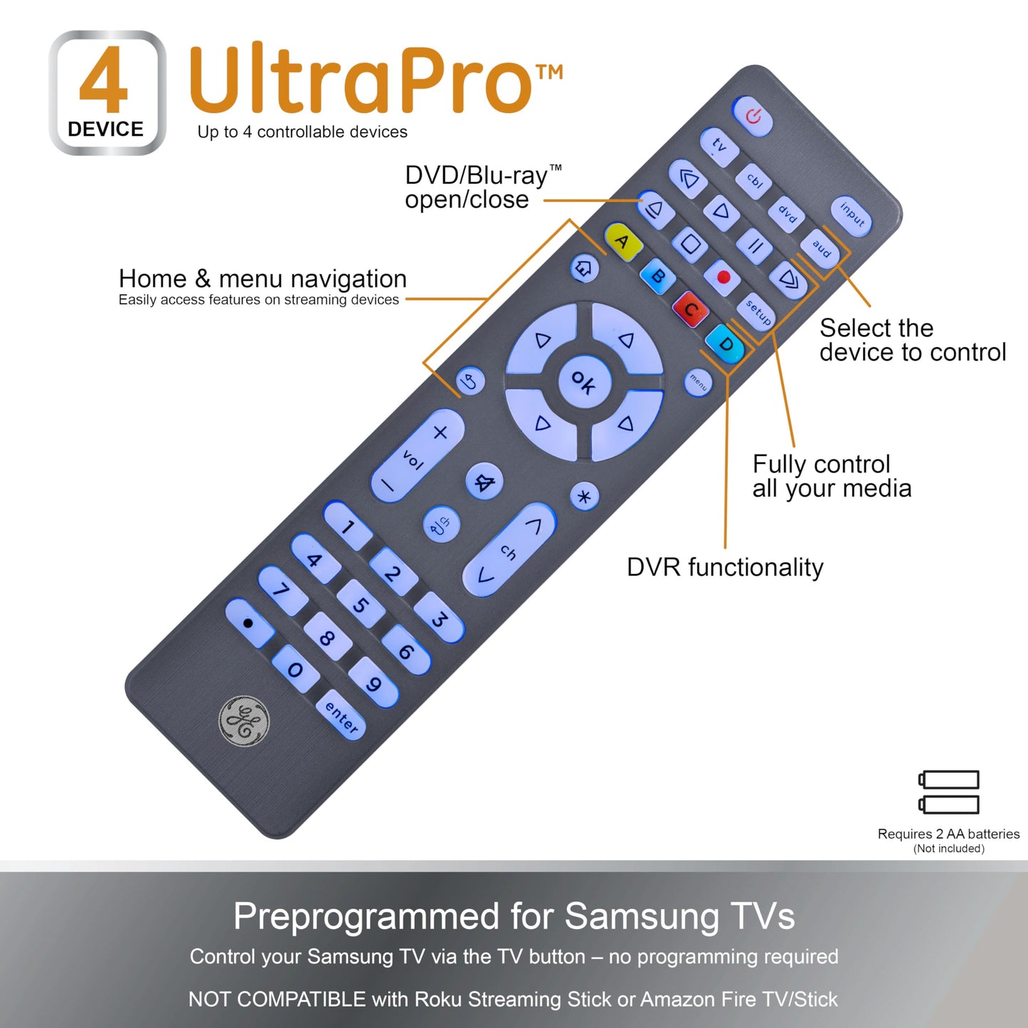 GE Backlit Buttons Universal Remote Control, Samsung TV Remote Control Replacement, Samsung Remote Control for Smart TV, Roku Remote Replacement