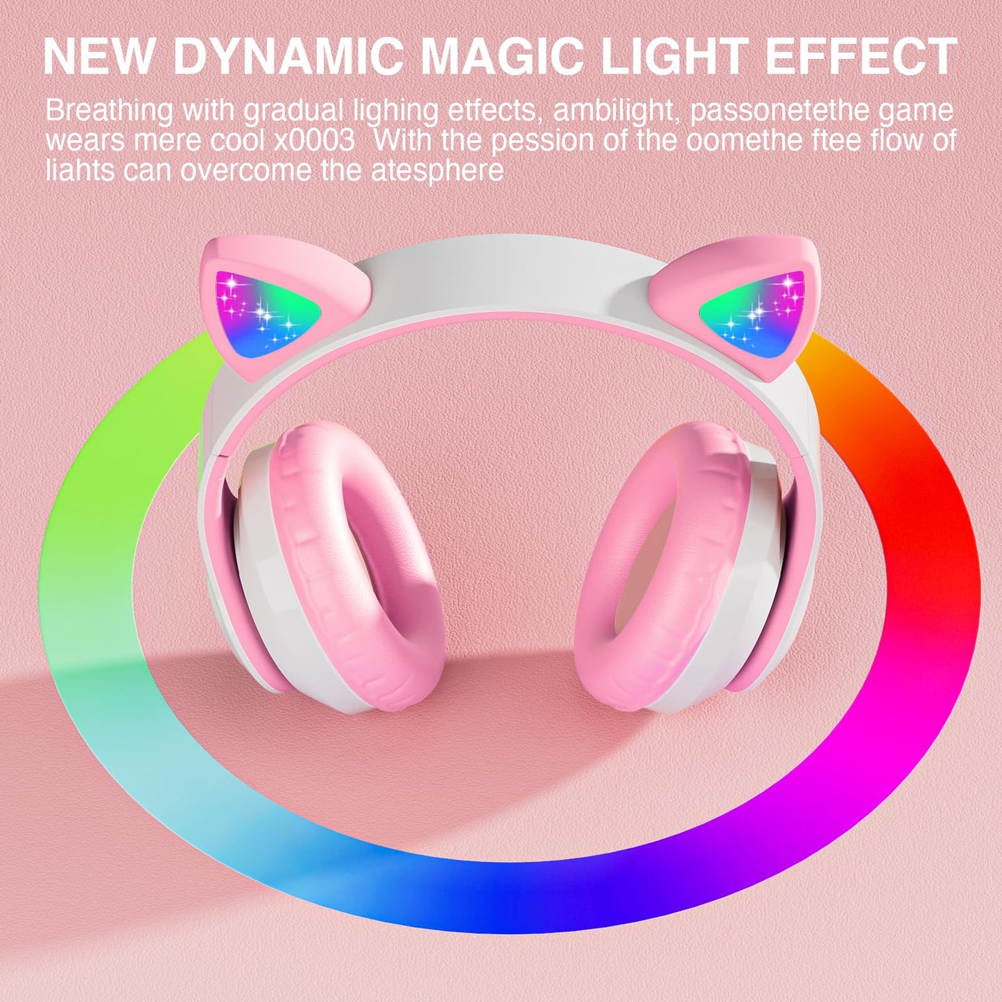 KERHAND Bluetooth Noise Cancelling Headphones for Kids,Foldable Cat Headphone with LED Light Up Ear,Cat Ear Headphones for Toddler with Microphone/TF