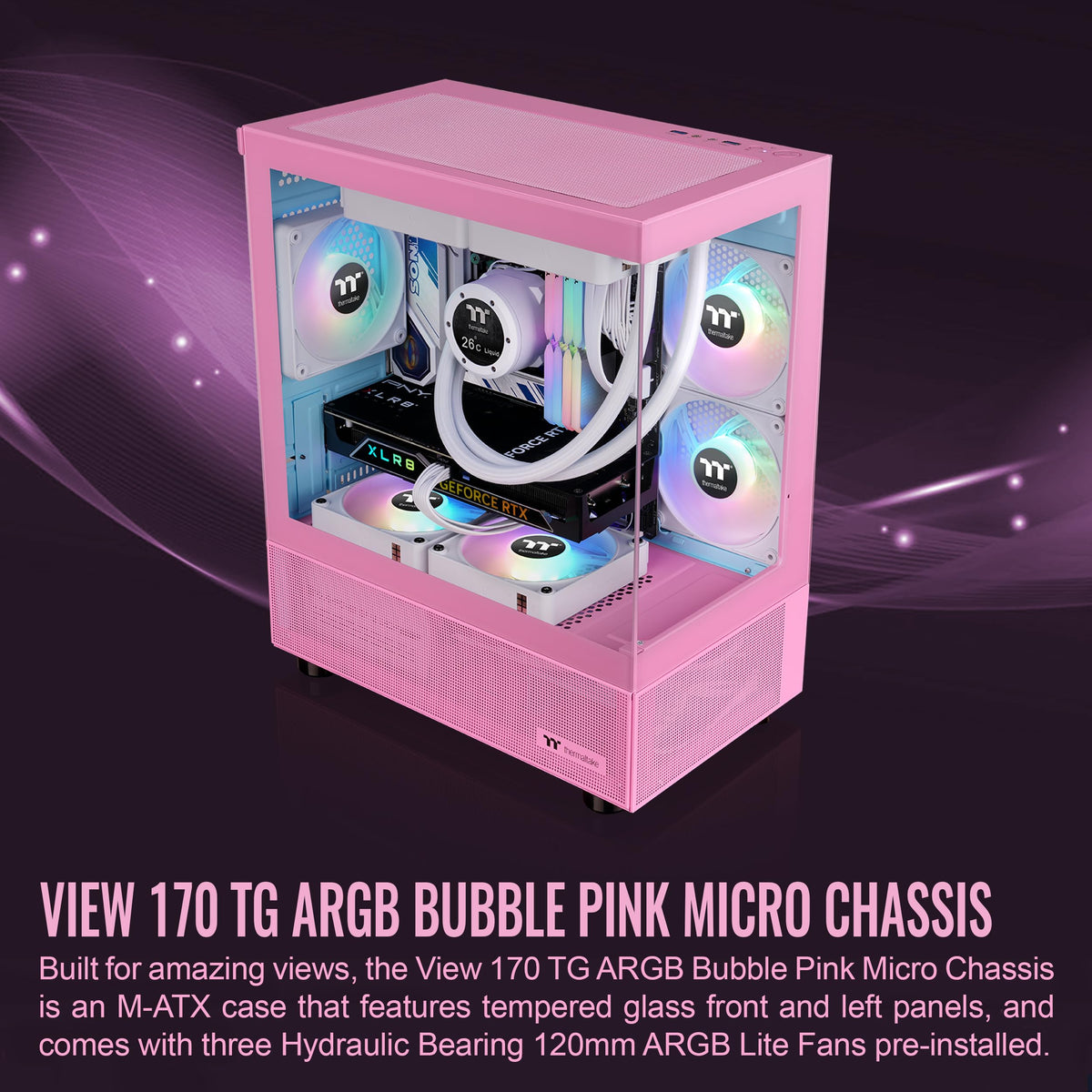 Thermaltake View 170 TG ARGB m-ATX Chassis; 3x120mm ARGB Lite Fans Included; 280mm Radiator Support; 340mm GPU Clearance; 160mm Air Cooler Max Height