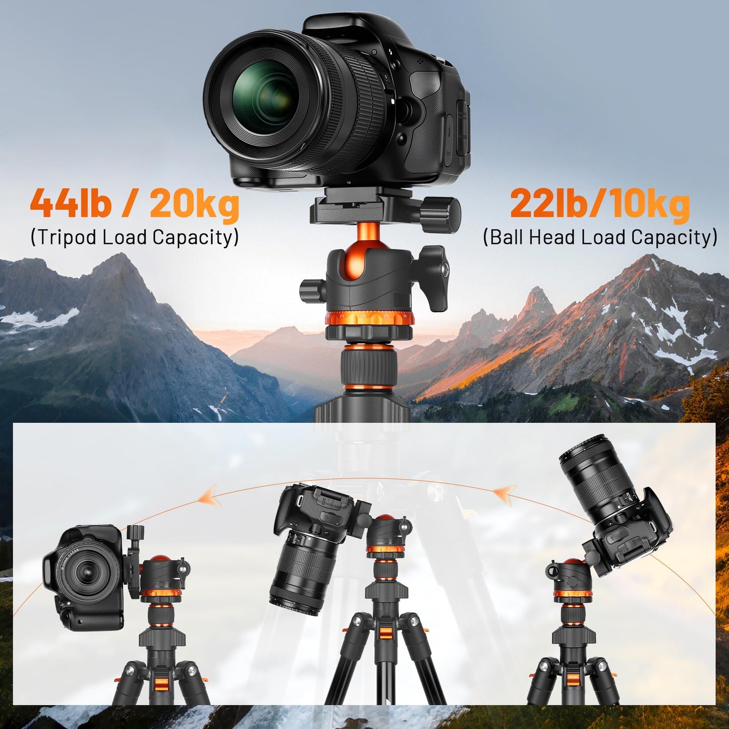 JOILCAN 66" Camera Tripod, Travel Tripod for Camera with 360° Ball Head & Phone Holder, Lightweight Compact Tripod for DSLR/Smartphone Photography