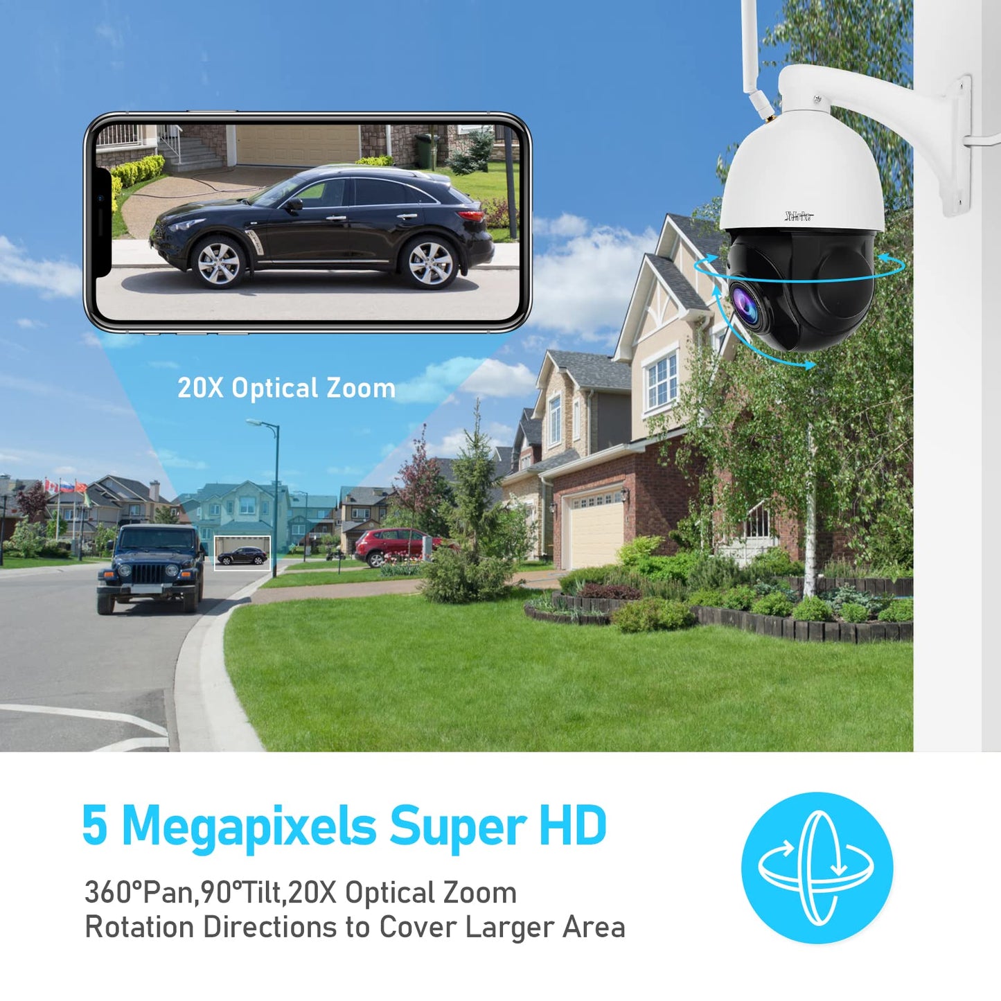 YoLuKe PTZ Camera Outdoor,5MP 20X Optical Zoom WiFi IP Camera with 360° Rotate and 1000ft View Distance/Human Detection & Auto Tracking/Two Way