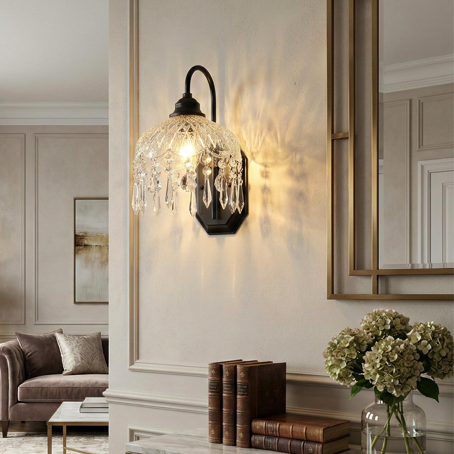 LOSNEOLAZ 2-Pack Vintage Glass Crystal Wall Sconce, Matte Antique Black Finish, for Bedroom Bathroom Hallway Living Room