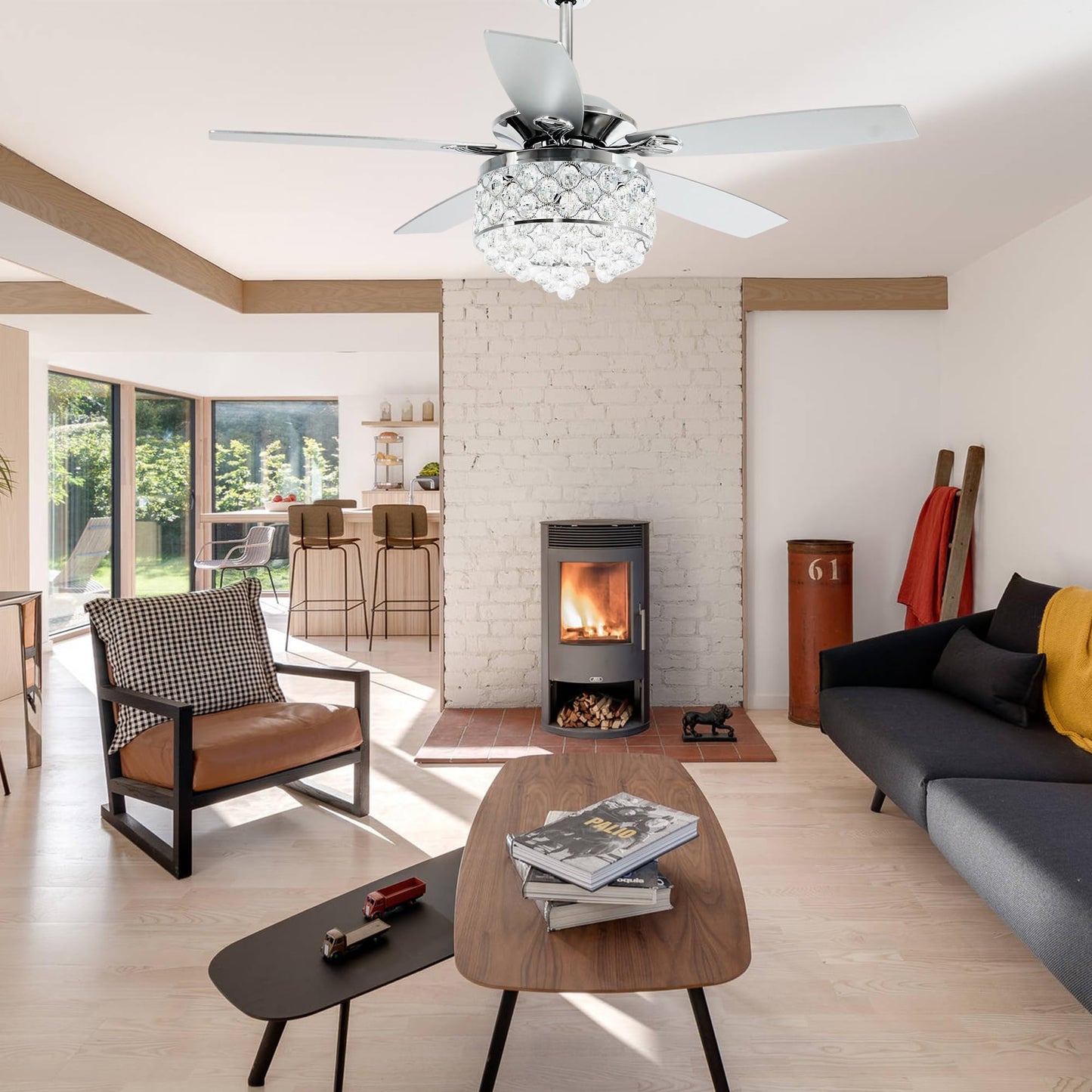Vaczon 52 Inch Silver Ceiling Fan with Light: Farmhouse Caged Fandelier, Crystal Style Ceiling Fan with Remote, 6 Speeds,Reversible Motor