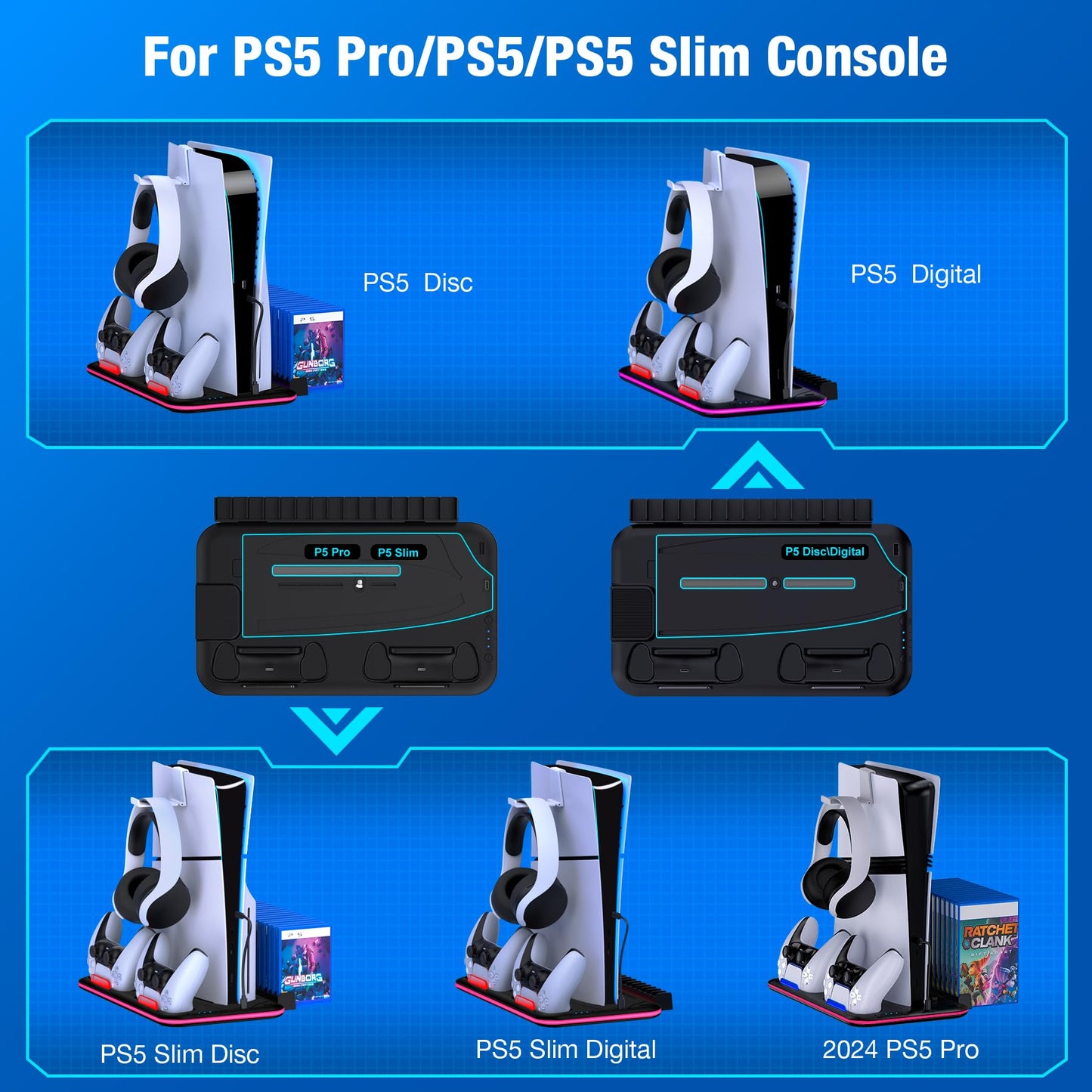 EUROA PS5/Slim/Pro Stand and Cooling Station with Controller Charging Station for PlayStation 5 Slim/Pro Console, PS5 Controller Charger, Cooling