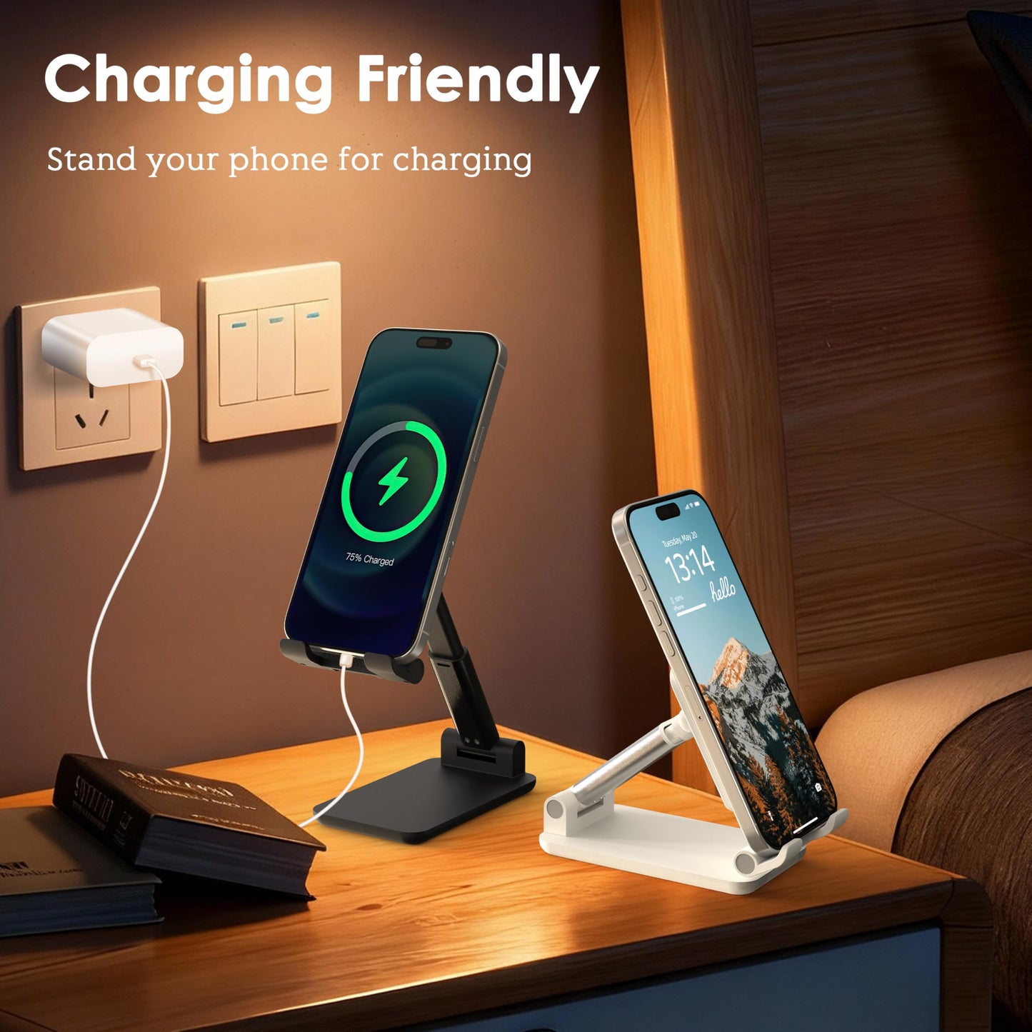 HZZADZXW 2 Pack Cell Phone Stand for Desk, Adjustable Angle & Height, Foldable Portable Phone Holder with Anti-Slip Silicone Pad, Compatible