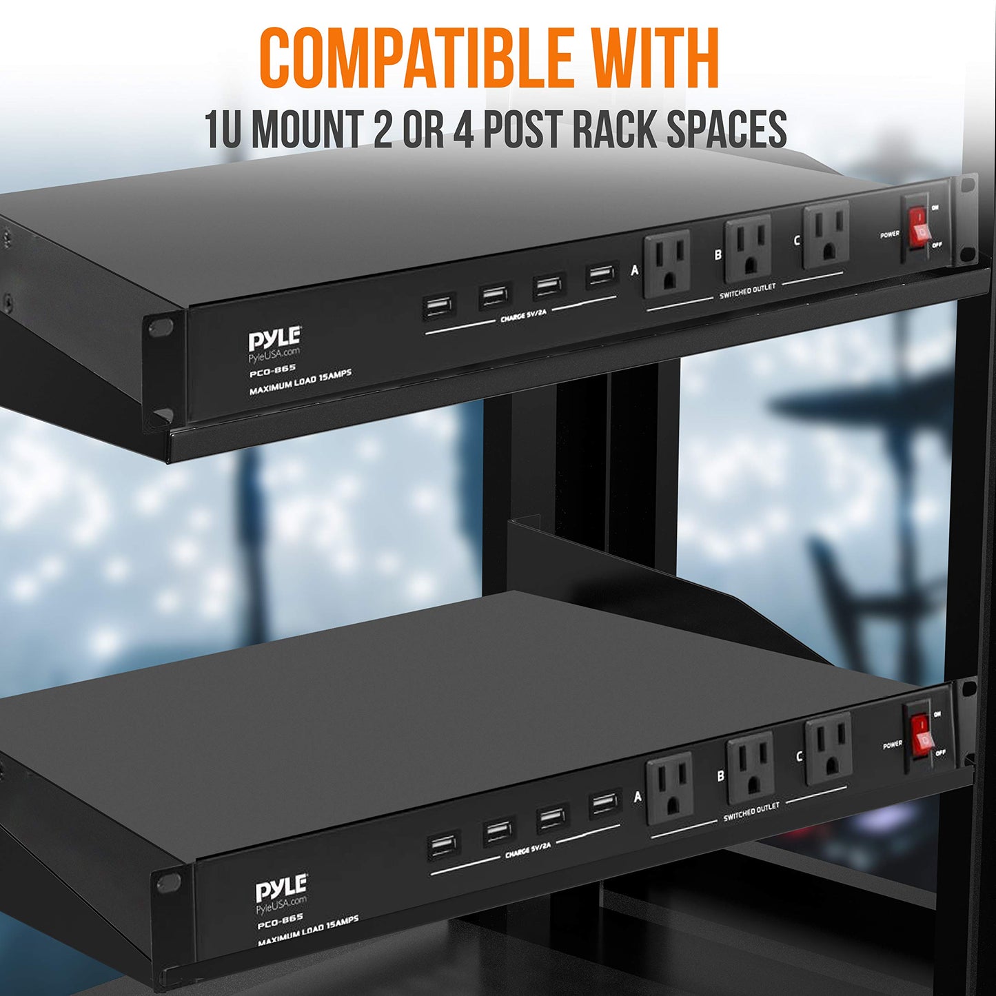 Pyle 19 Outlet 1U 19" Rackmount PDU Power Distribution Supply Center Conditioner Strip Unit Surge Protector 15 Amp Circuit Breaker 4 USB Multi Device