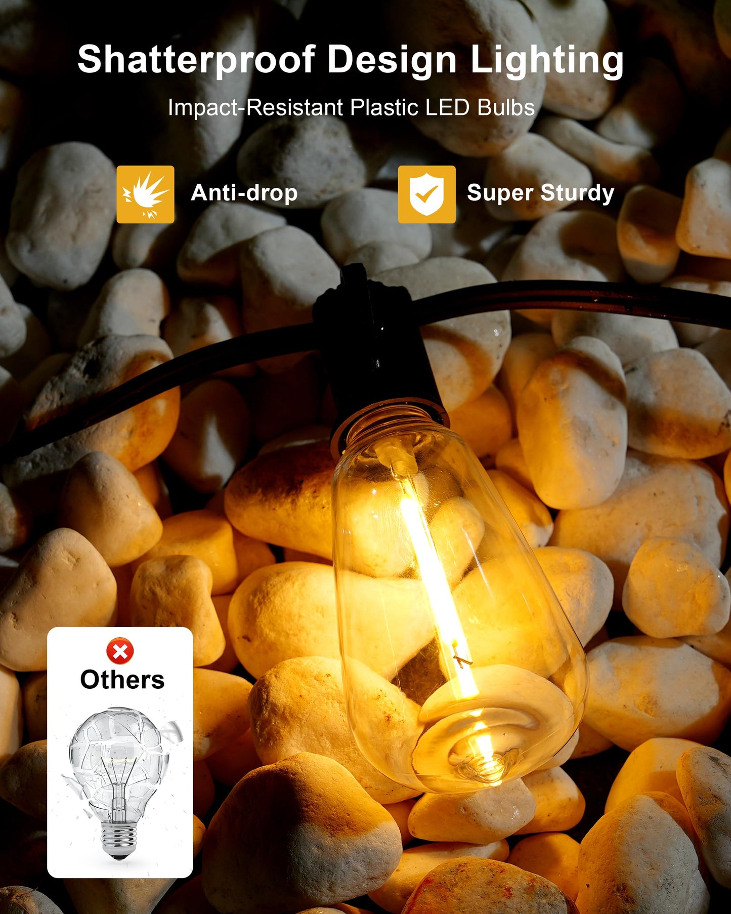 DELITOR Patio String Lights Plug in 50FT LED Outdoor String Lights with IP65 Waterproof 27 Bulbs, Connectable Dimmable Edison ST38 Outside Lights