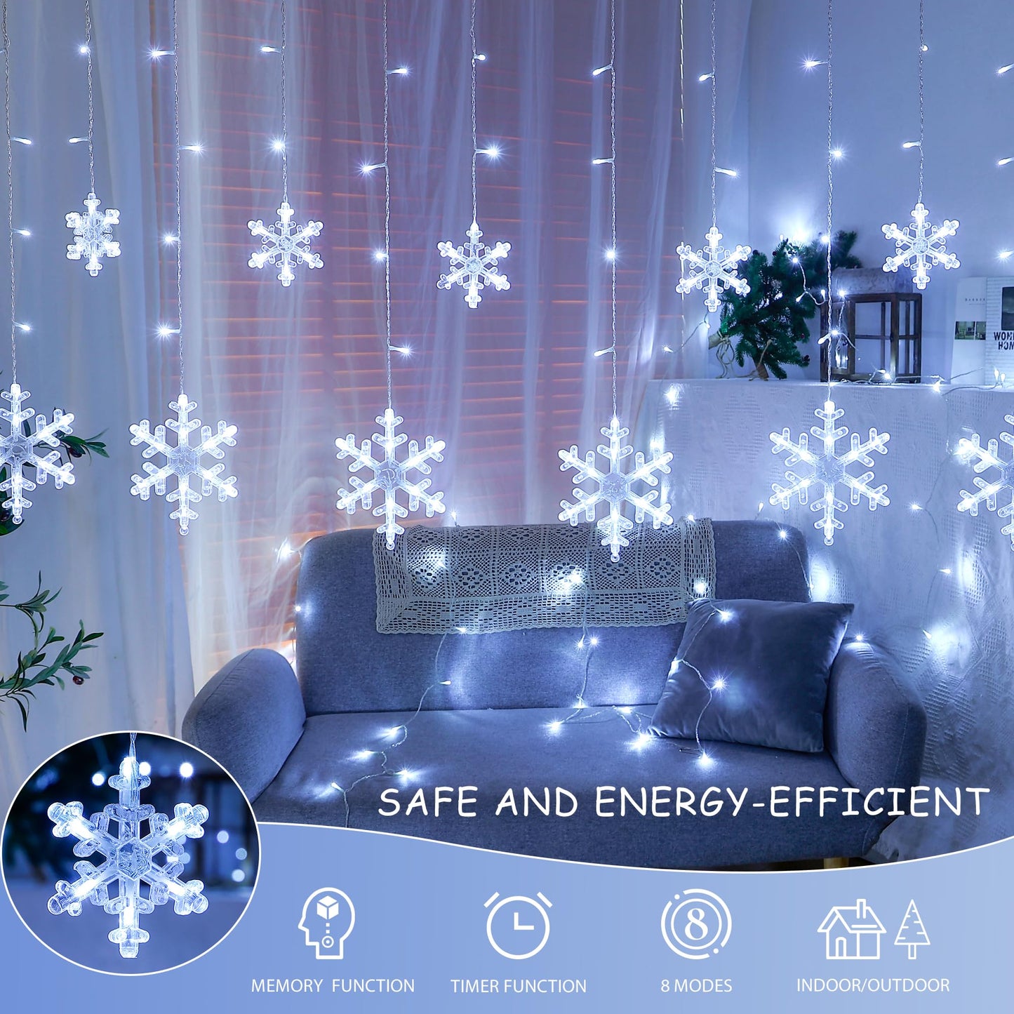 Qunlight Christmas Snowflake Icicle Lights,6.5ft 144LED Curtain Lights Outdoor with 12 Drops, 8 Modes Waterproof Connectable Fairy Light for Eaves