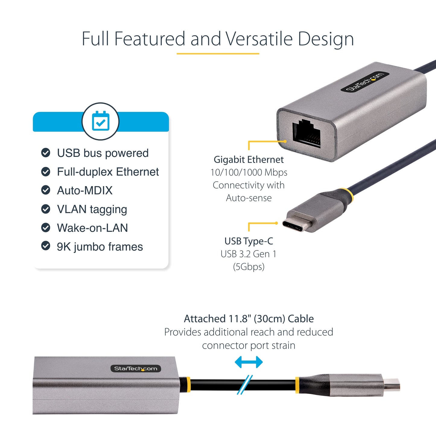 StarTech USB-C to Ethernet Adapter, 10/100/1000Mbps, 12in Attached Cable