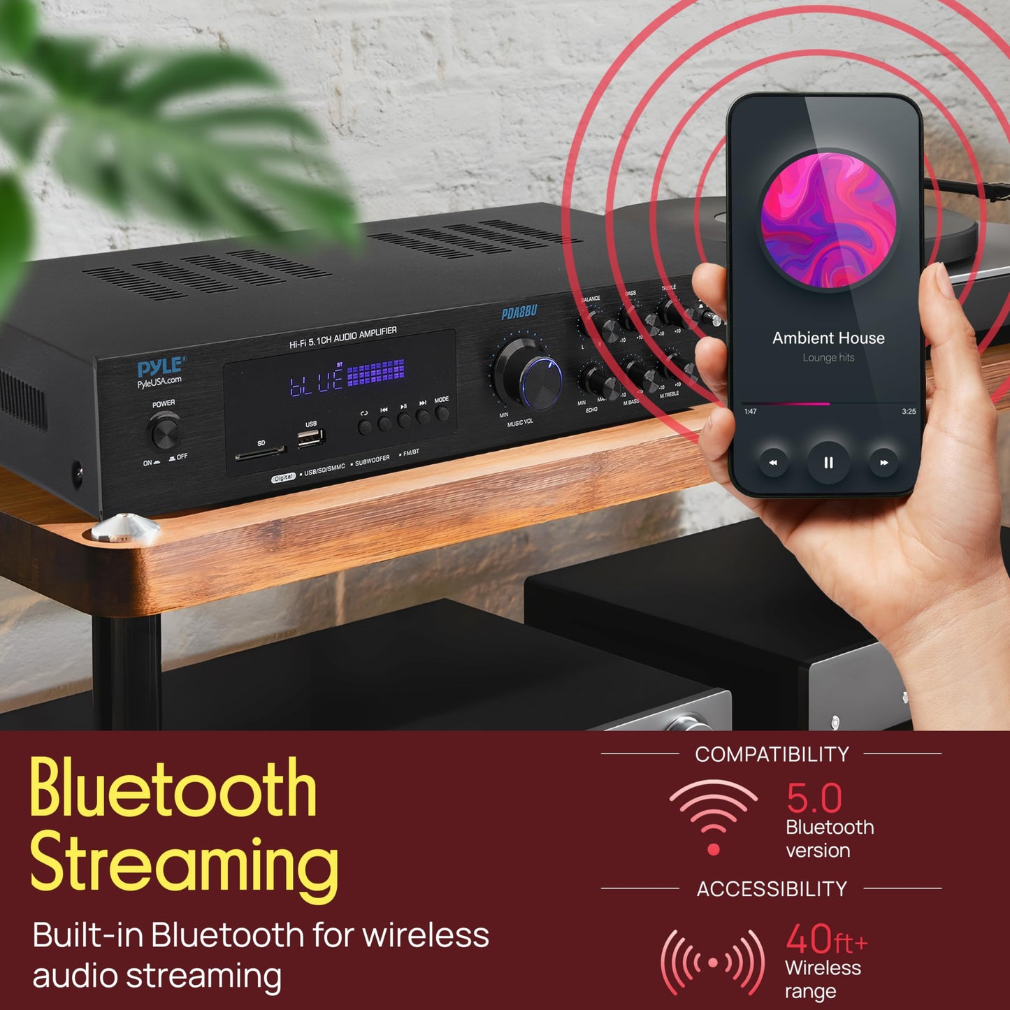 Pyle Bluetooth 5.1 Amplifier - Home Audio / Theater / Karaoke Receiver with 5 Channels and Subwoofer Out - 2 Mic Inputs w/ Echo, USB-A / SD Reader