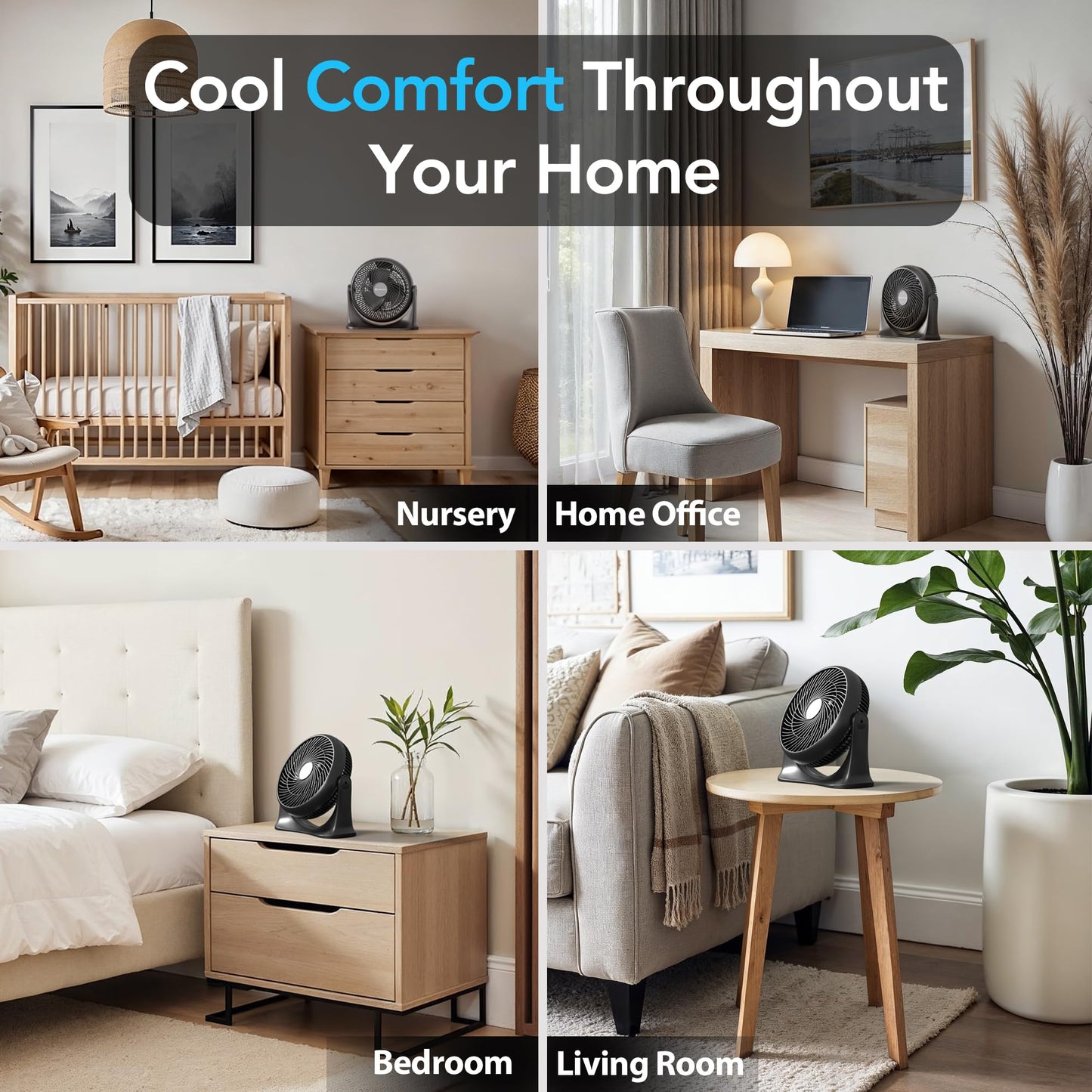Comfort Zone 11-Inch Tabletop Air Circulator Fan - Quiet 3-Speed Personal Desk Fan with 7-Inch Blades, 90° Adjustable Tilt for Home, Office,