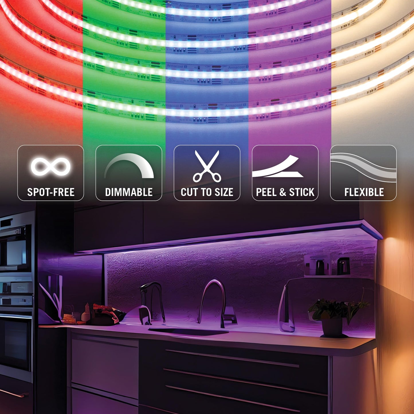 Armacost Lighting RibbonFlex Pro 24V COB LED Strip Light Tape RGB+W, 300 Lumens/Ft, 5M 177720
