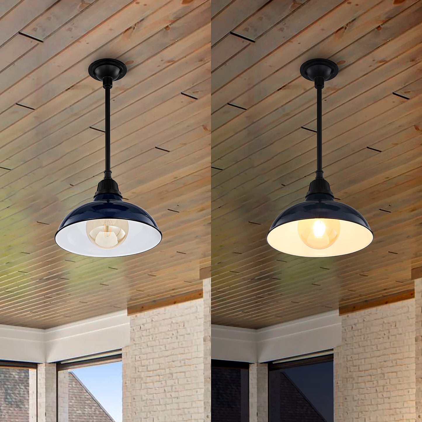 JONATHAN Y 12.25" Navy/Black 1-Light Farmhouse Indoor/Outdoor LED Pendant Iron Hanging Light, and Black Metal Shade, Rustic Ceiling Lamp for Kitchen
