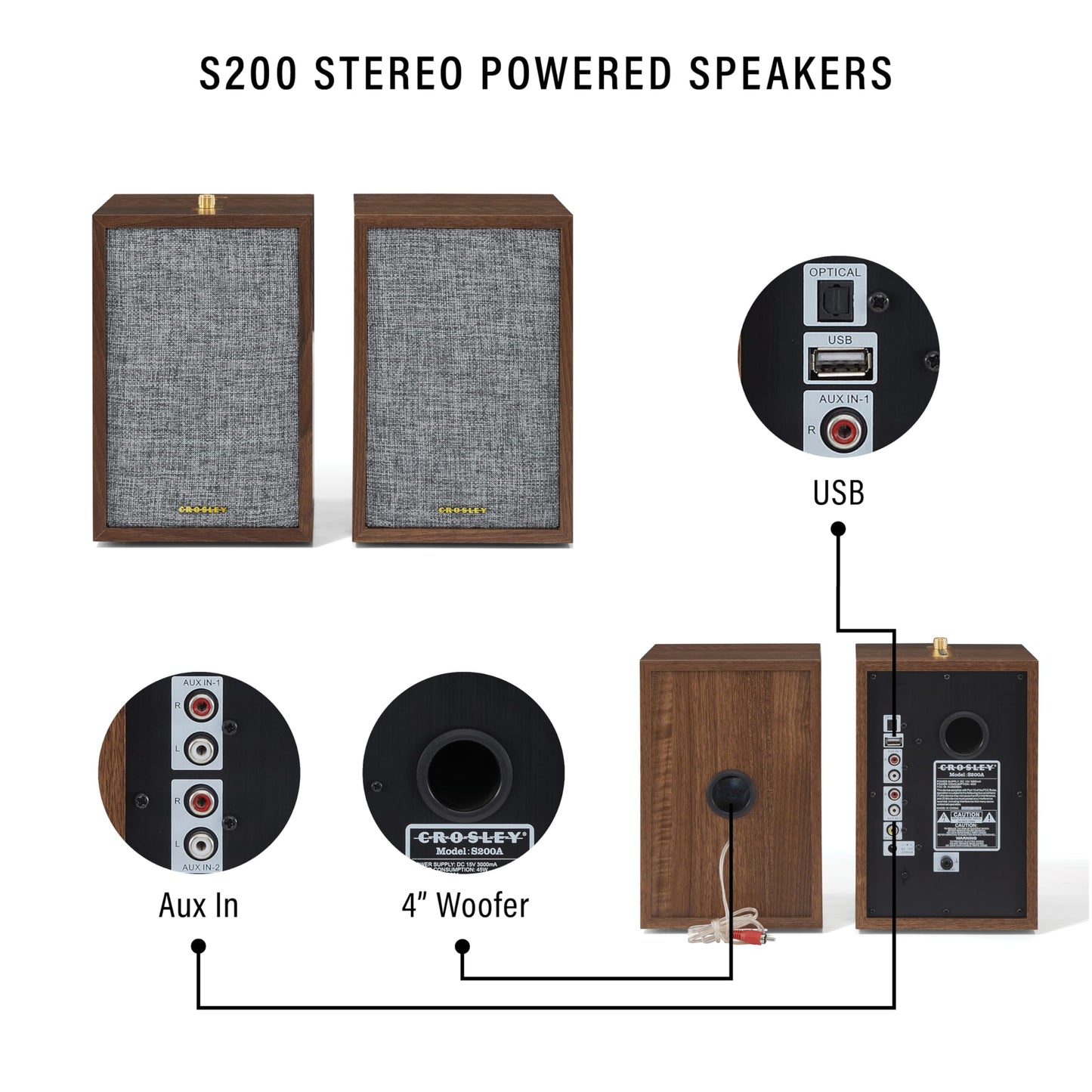 Crosley S200A-WA 4" Active Powered Bluetooth Stereo Speakers with Optical, USB, and Aux Connections, Walnut