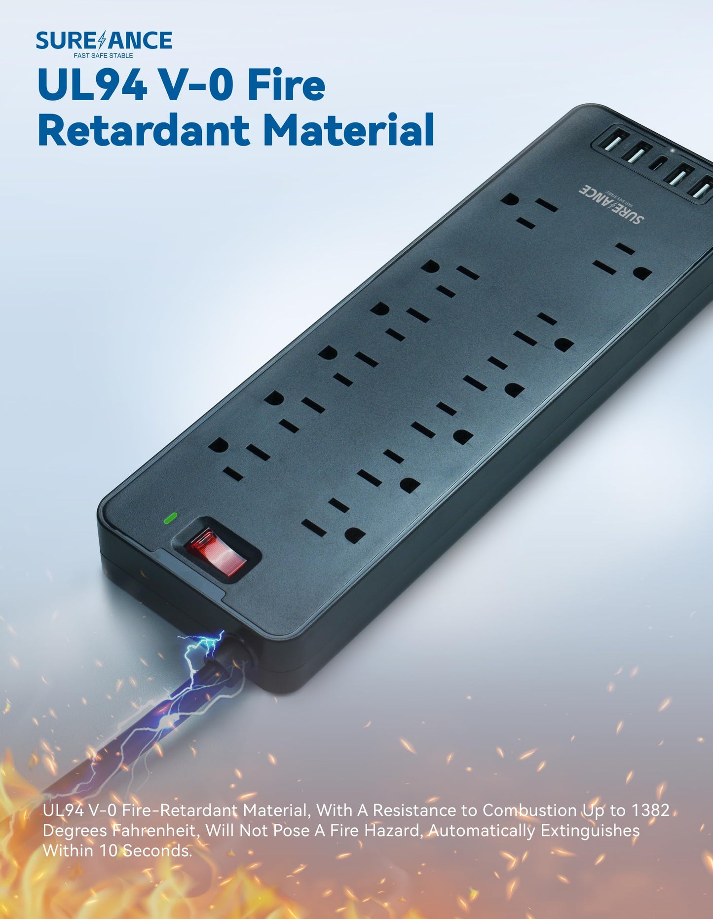 Surge Protector Power Strip - SUREANCE 12 Outlets Surge Protector Outlet Extender with 5 USB Ports, 6FT Flat Plug Extension Cord, 2100J, Mountable