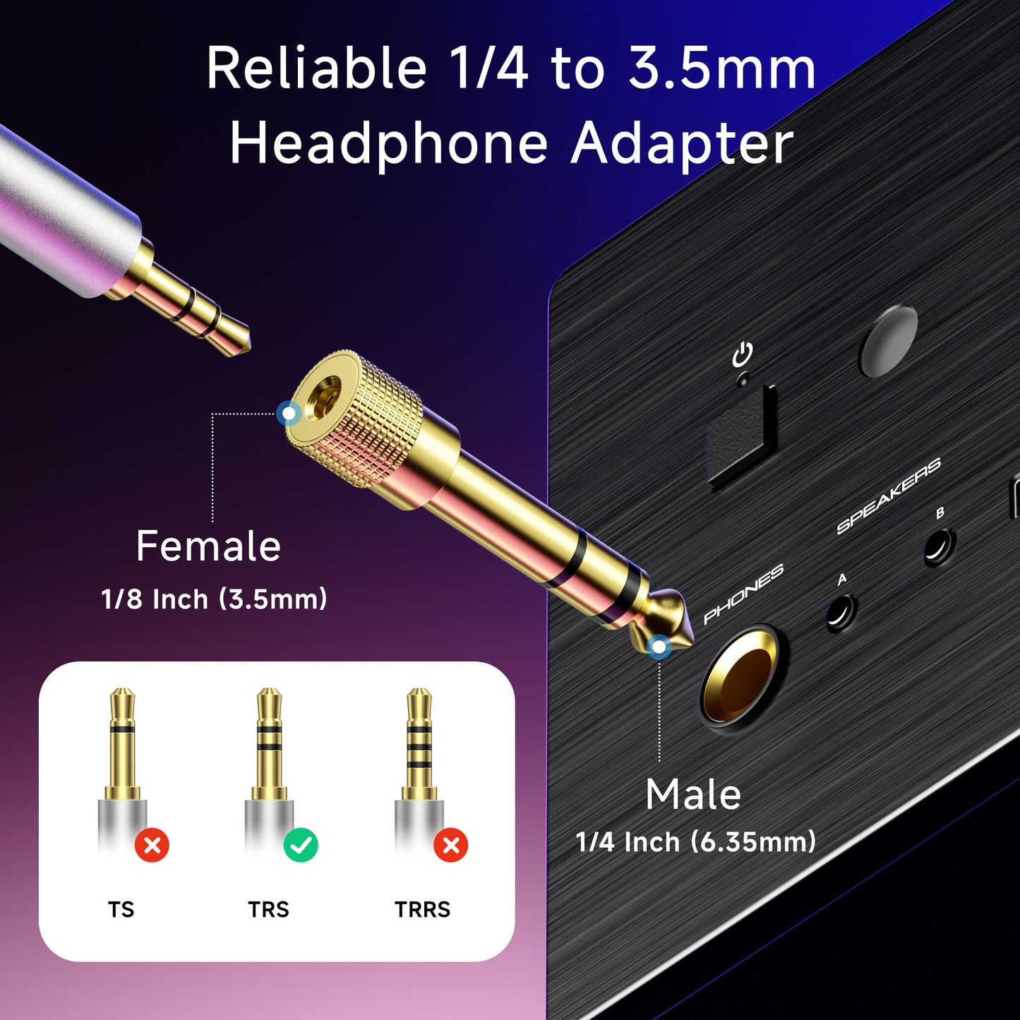 Cable Matters 5-Pack 1/4 to 1/8 Headphone Adapter, 6.35mm to 3.5mm Adapter Male to Female, Gold Plated Stereo Headphone 3.5mm to 1/4 Converter
