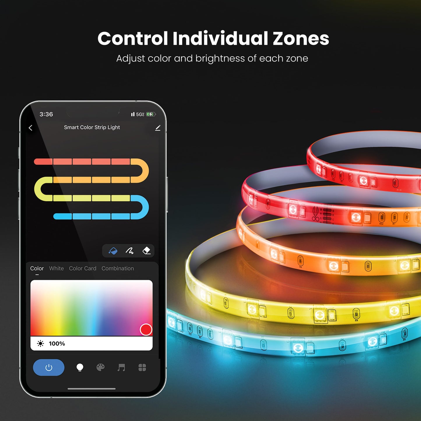 Feit Electric 10FT Smart Chasing LED Strip Light, RGB Color-Changing + Tunable White, Wi-Fi App & Remote Control, Alexa & Google Home, Linkable