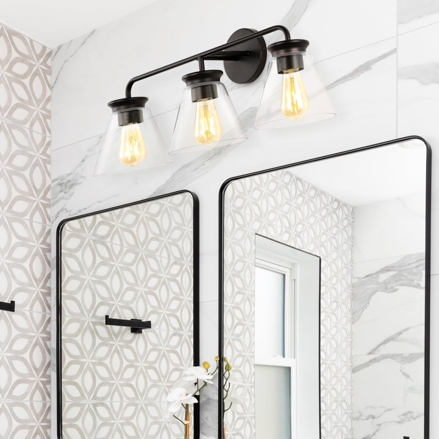 JONATHAN Y 27" Oil Rubbed Bronze/Clear Modern Farmhouse 3-Light LED Vanity Light for Bathroom, Kitchen, Hallway, Clear Glass Shade, Dimmable Edison