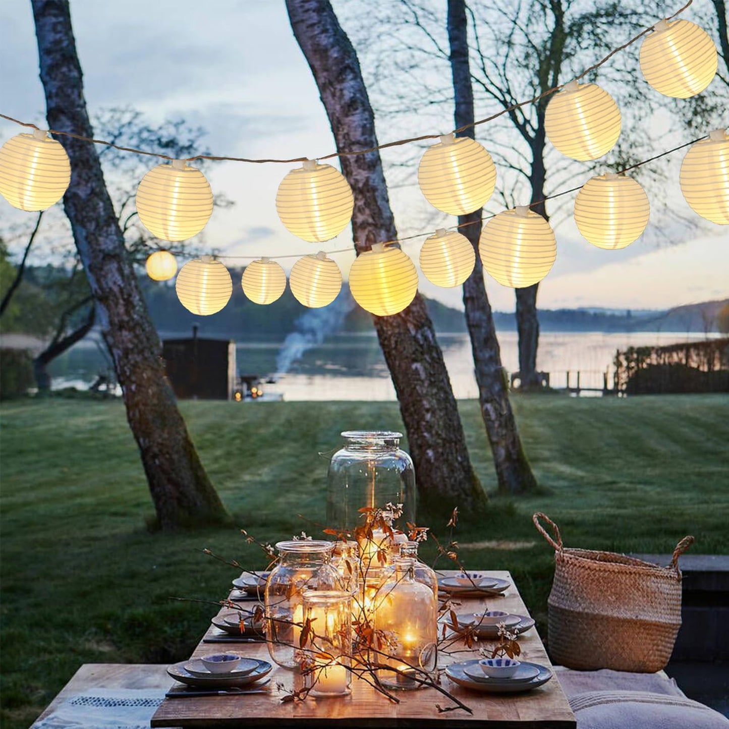 Vigdur Lantern String Lights Waterproof Connectable Nylon Hanging Lantern String Lights Plug in White Decorative Lights for Patio Wedding Party