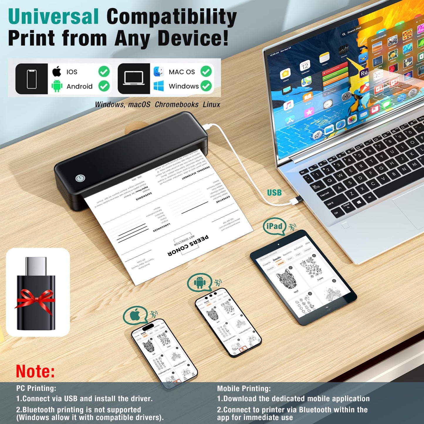 PEDOOLO Portable Printer Wireless for Travel - Inkless Thermal Printer, Supports 8.5x11 Inch Thermal Paper, Bluetooth Compatible